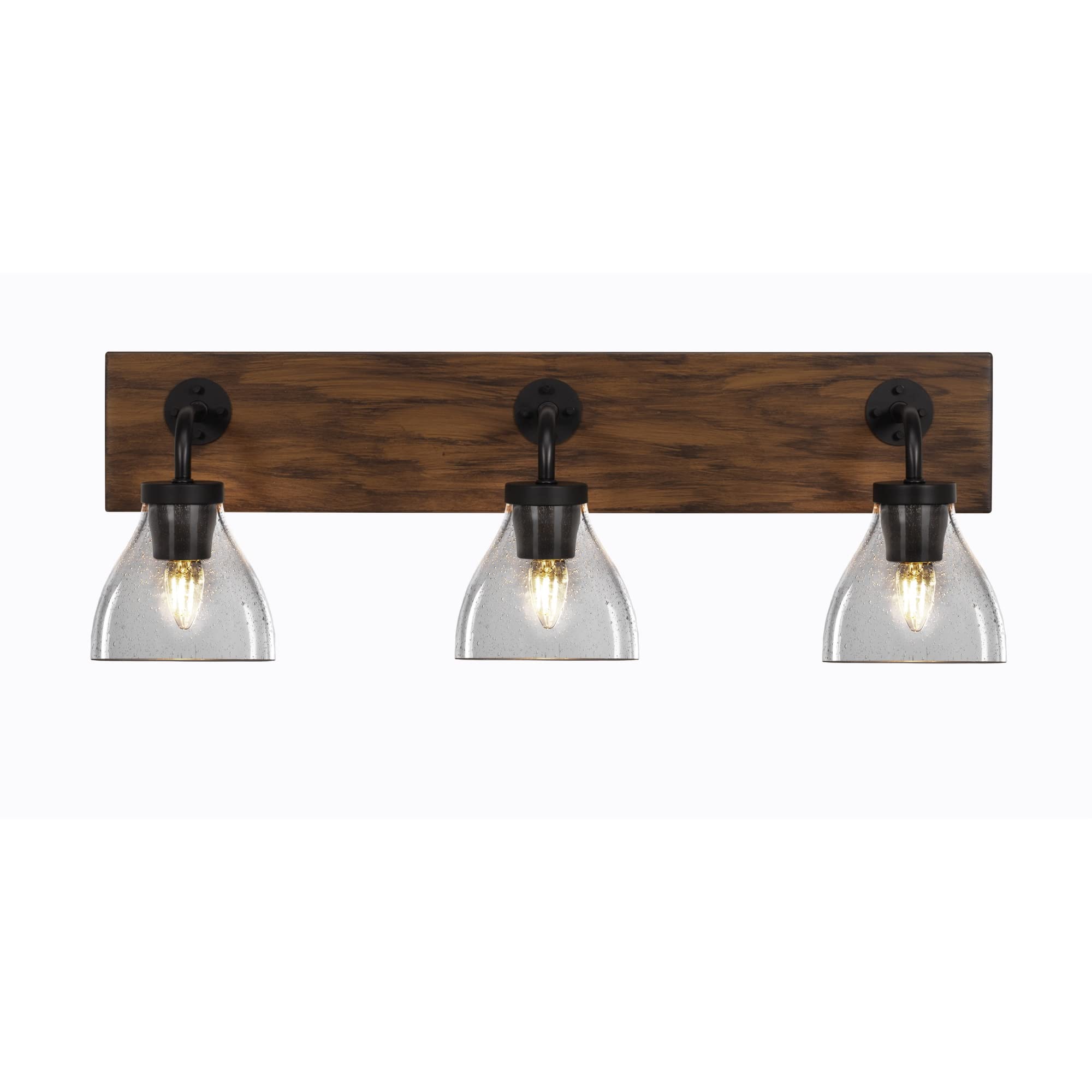Oxbridge 3 Light Bath Bar In Matte Black & Painted Wood-Look Metal Finish With 6.25" Clear Bubble Glass