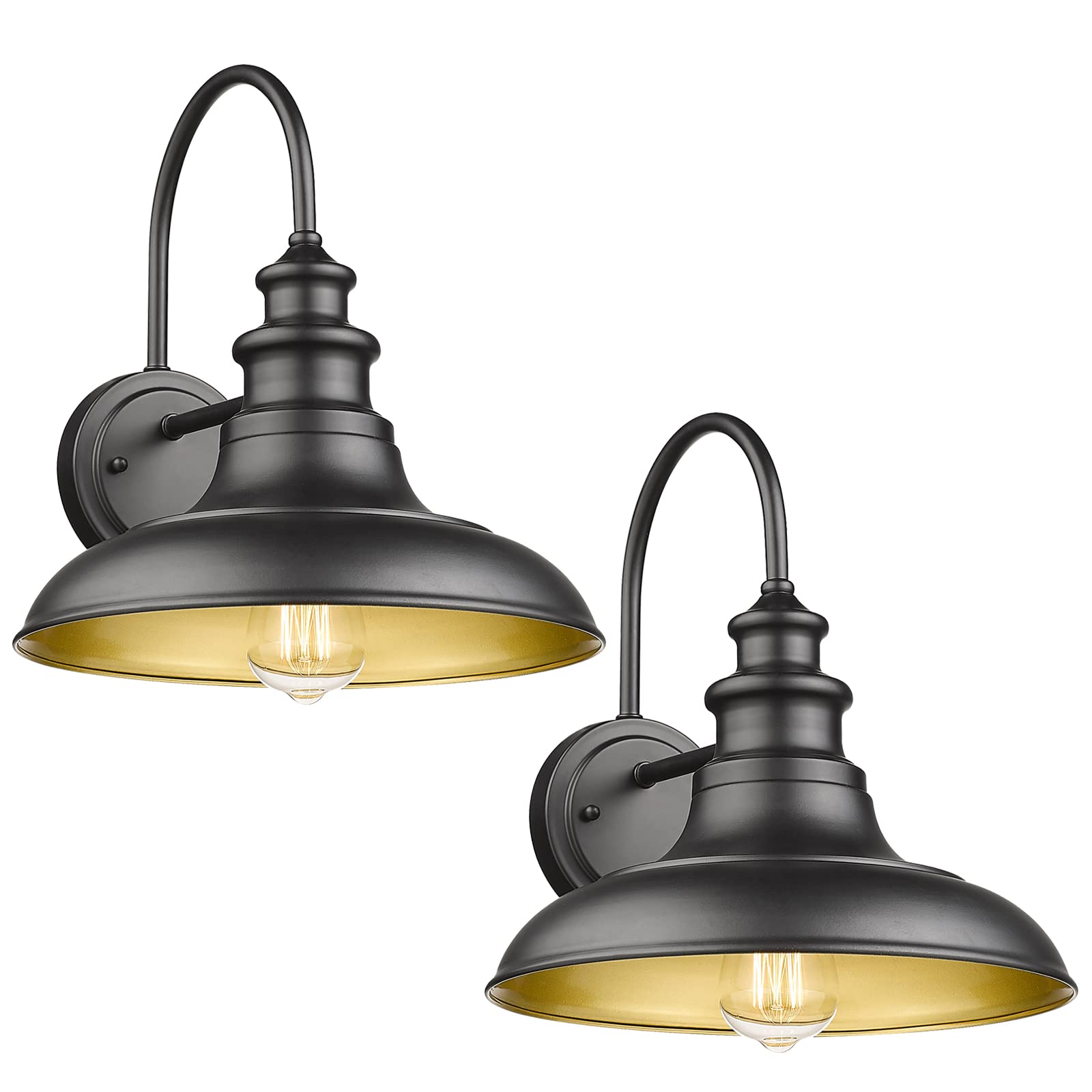 Outdoor Barn Light Fixtures  12.3 Inch Large Dome Farmhouse Wall Mount Light Gooseneck Wall Sconce Exterior Wall Lighting Fixture Industrial Black Finish Lantern for Porch with Gold Interior  2pack