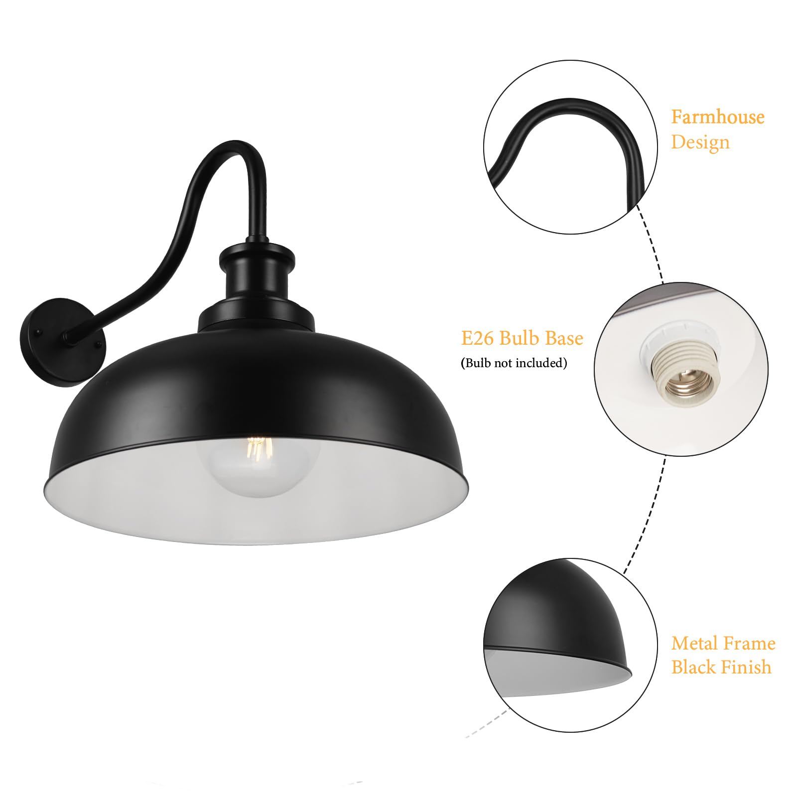 Diyel Outdoor Barn Lights 14 Inch Dome Outdoor Wall Sconce Farmhouse Exterior Wall Mount Light Vintage Wall Lighting Fixture Industrial Black Wall Lantern For Porch  Entryway  Garage  2 Pack