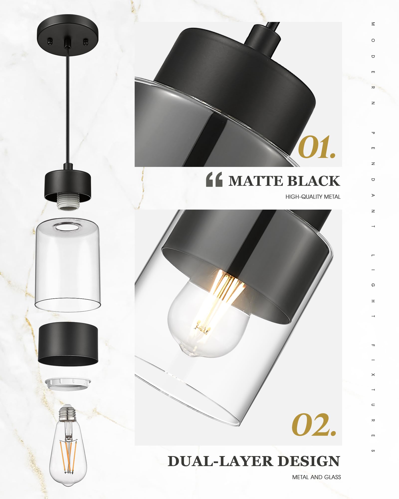 Audickic 2-Pack Pendant Lights, Modern Matte Black Metal & Glass Fixtures, Model AD-24022-1P2-BK for Kitchen Island & Dining Room