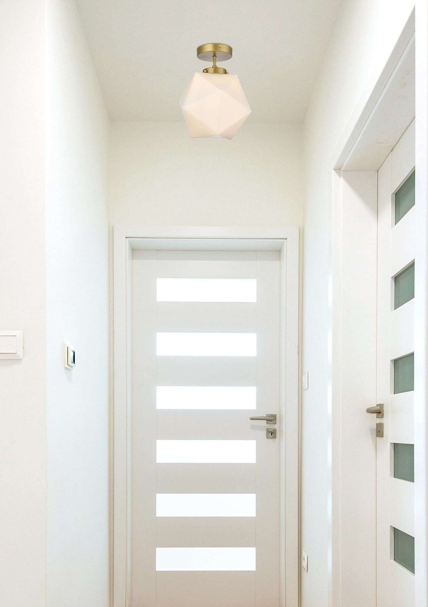 Living District Lawrence 1-Light Mid-Century Metal Flush Mount in Brass/White