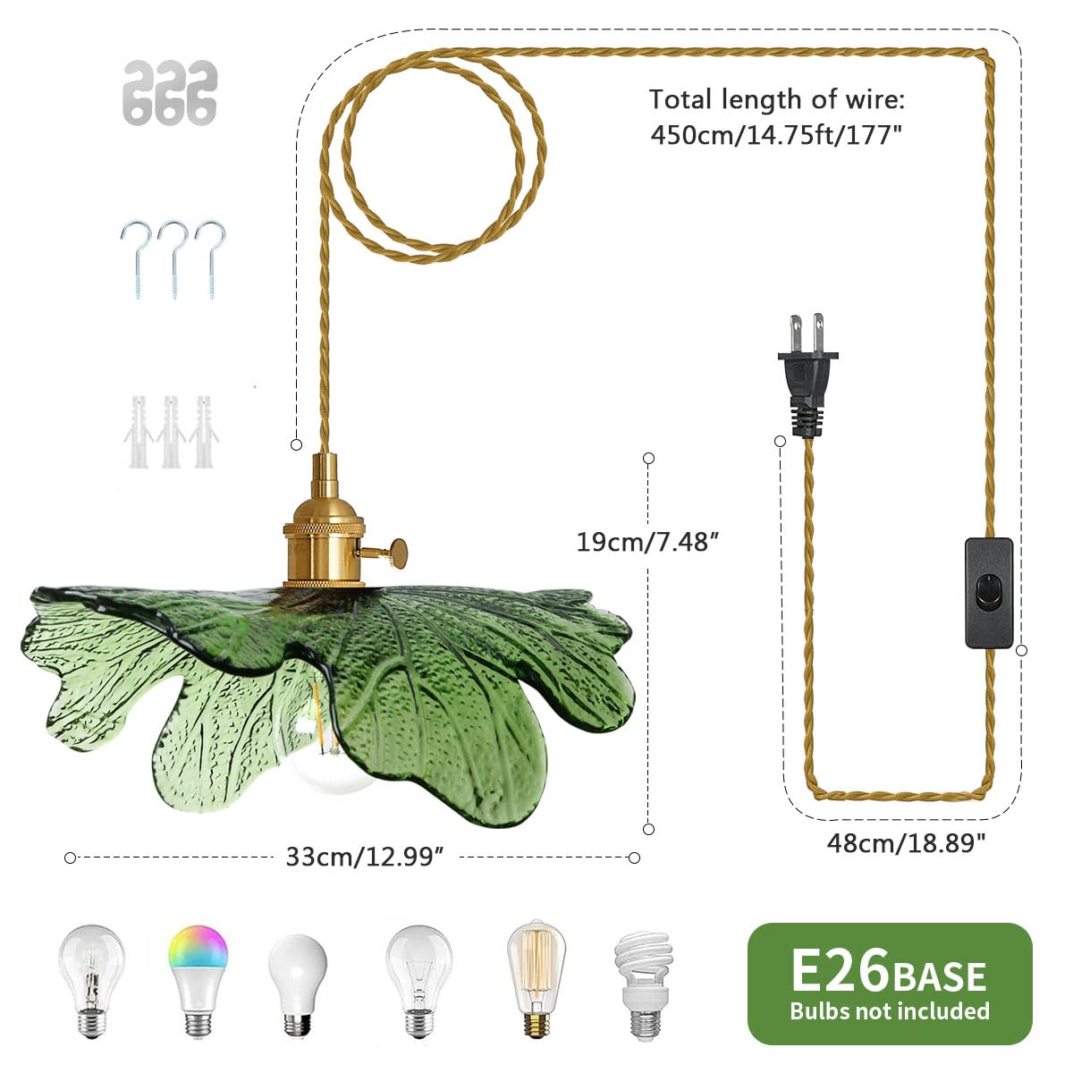 Auwieou Green Glass Plug-in Pendant Light, 14.75ft Cord, 1-Light Brass Fixture for Kitchen, Bedroom, Living Room