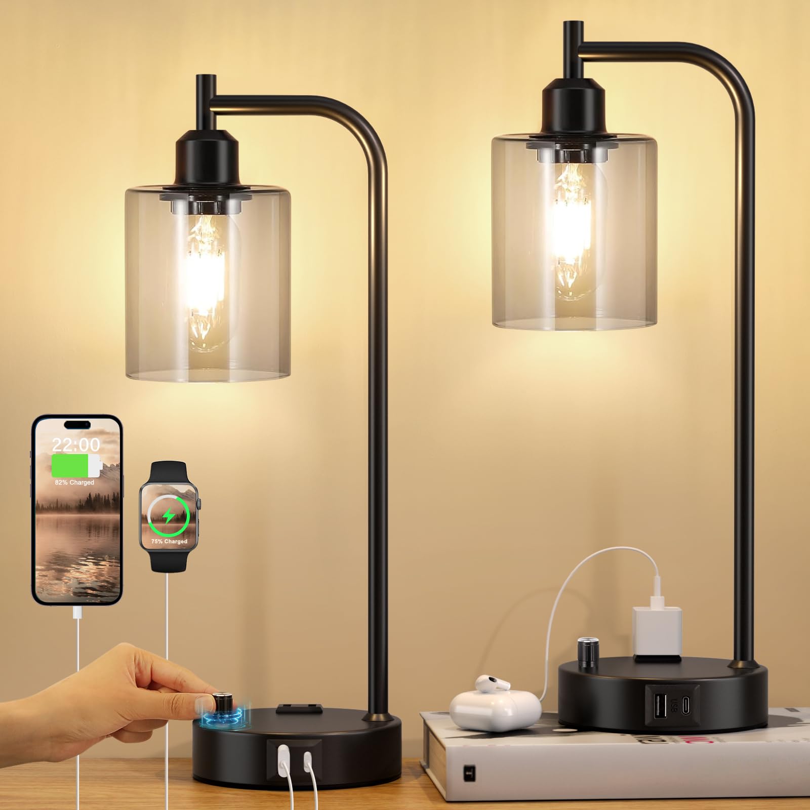 Innqoo Industrial Table Lamps For Bedrooms Set Of 2 - Fully Dimmable Bedside Lamps With Usb Ports And Outlet, Brown Nightstand L