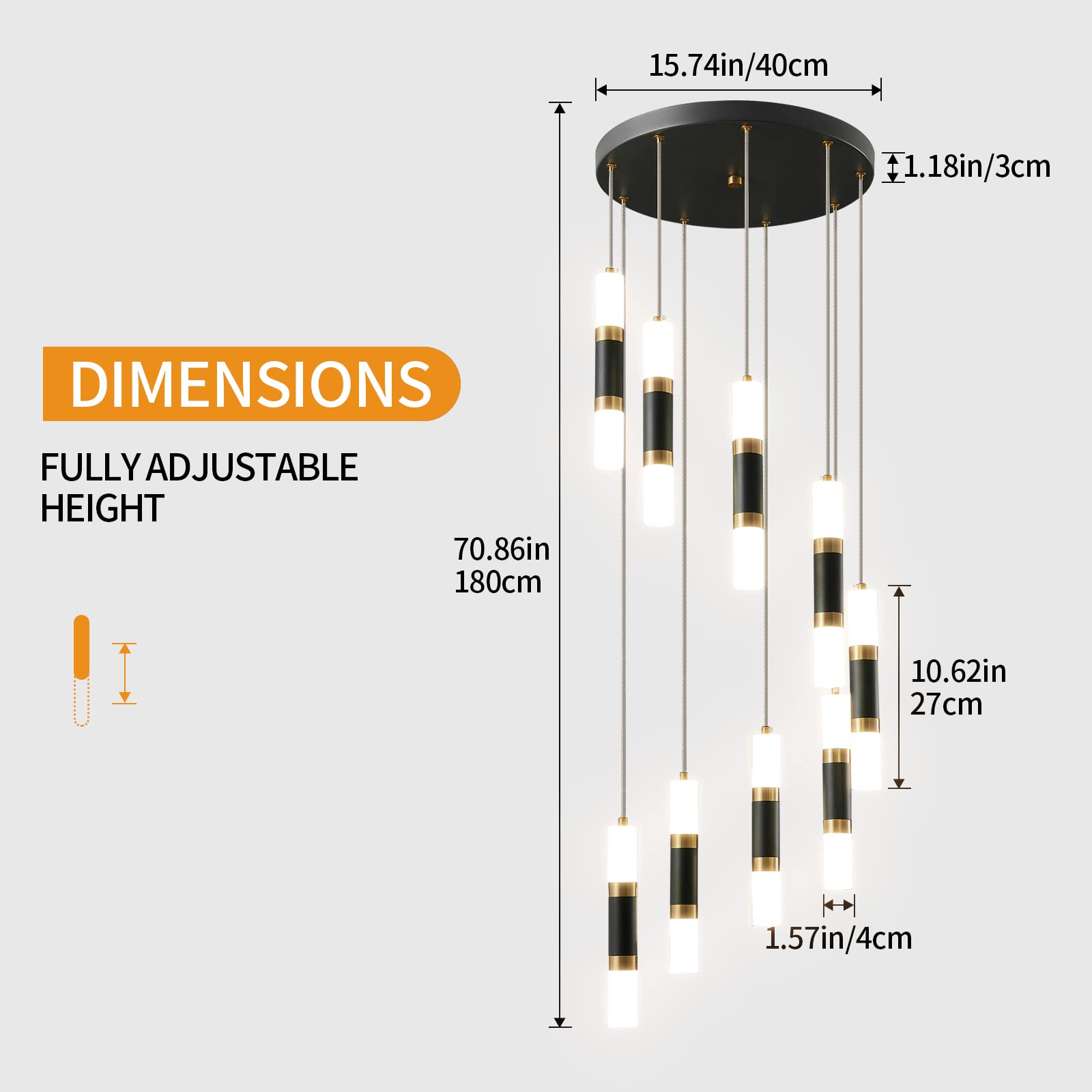 Liangmh Modern Black Gold Kitchen Island Dimmable Led 9-Light Ceiling Pendant Large Chandelier For Light Living Room Foyer Stair