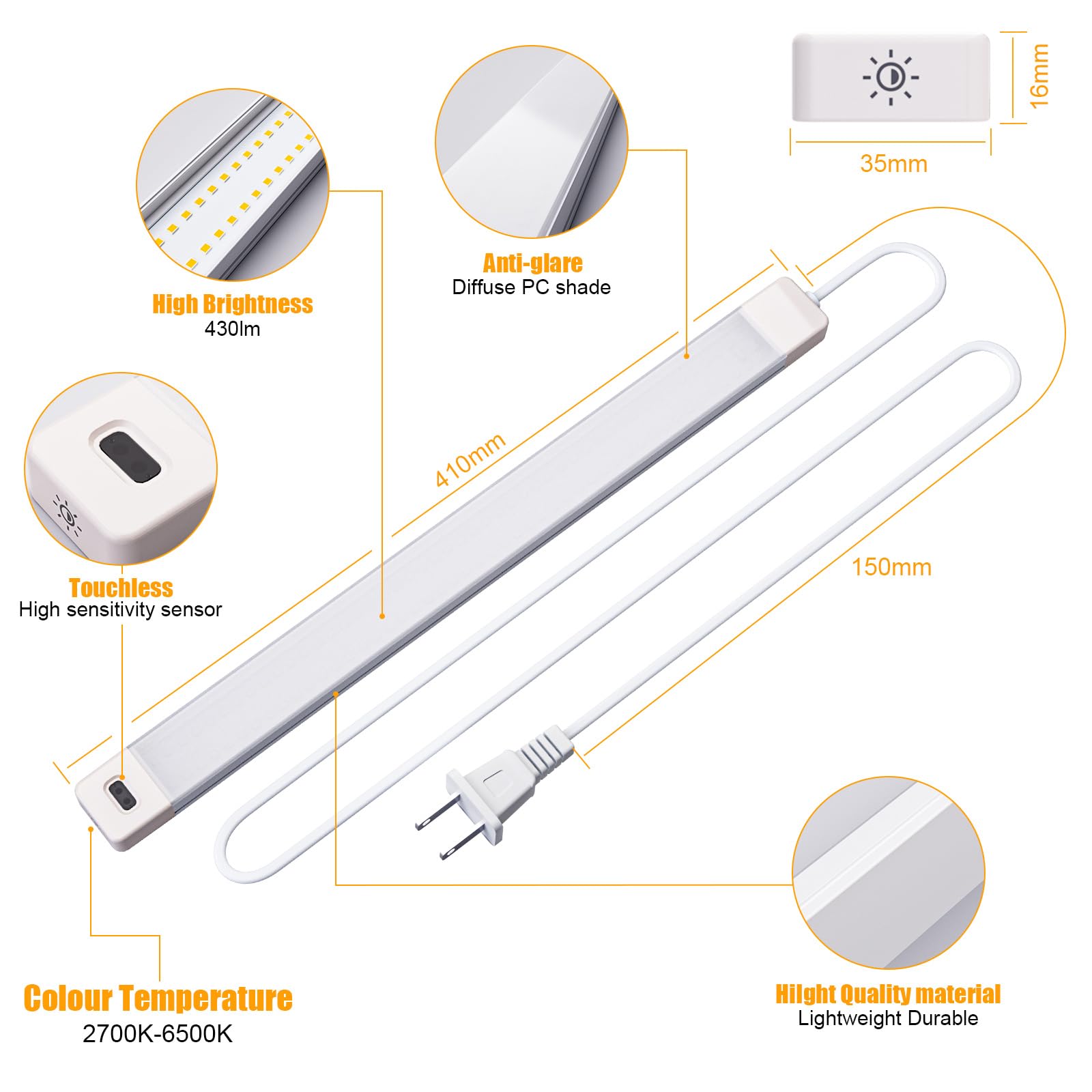 MYPLUS Under Cabinet LED Light Bar, 16", 5 Color Dimmable, 450 Lumens, Polycarbonate, White, Model MYPLUSGG121