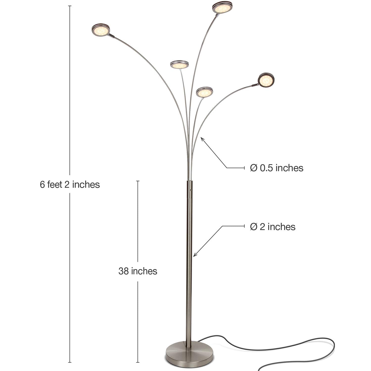 Brightech Orion Arc Floor Lamp - 5 Adjustable Arms, Satin Nickel, Metal - Stylish Multi-Head Lighting for Living Room and Bedroom