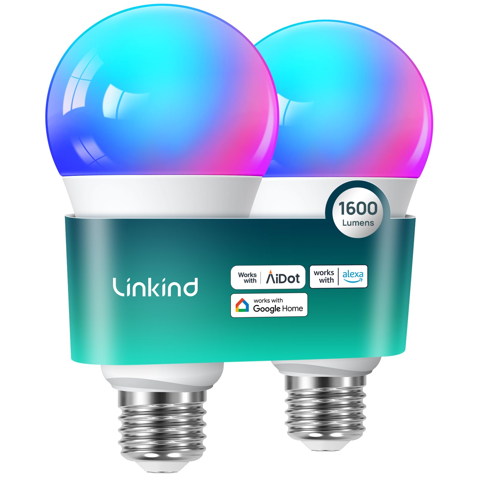 Linkind Smart Light Bulbs, 1600LM (100W Equivalent) Smart Bulb, Work with Alexa & Google Home, RGBTW Color Changing Bulb Music Sync, 2.4GHz Wi-Fi & Bluetooth, LED Alexa Light Bulbs 14W, A21 E26, 2Pack
