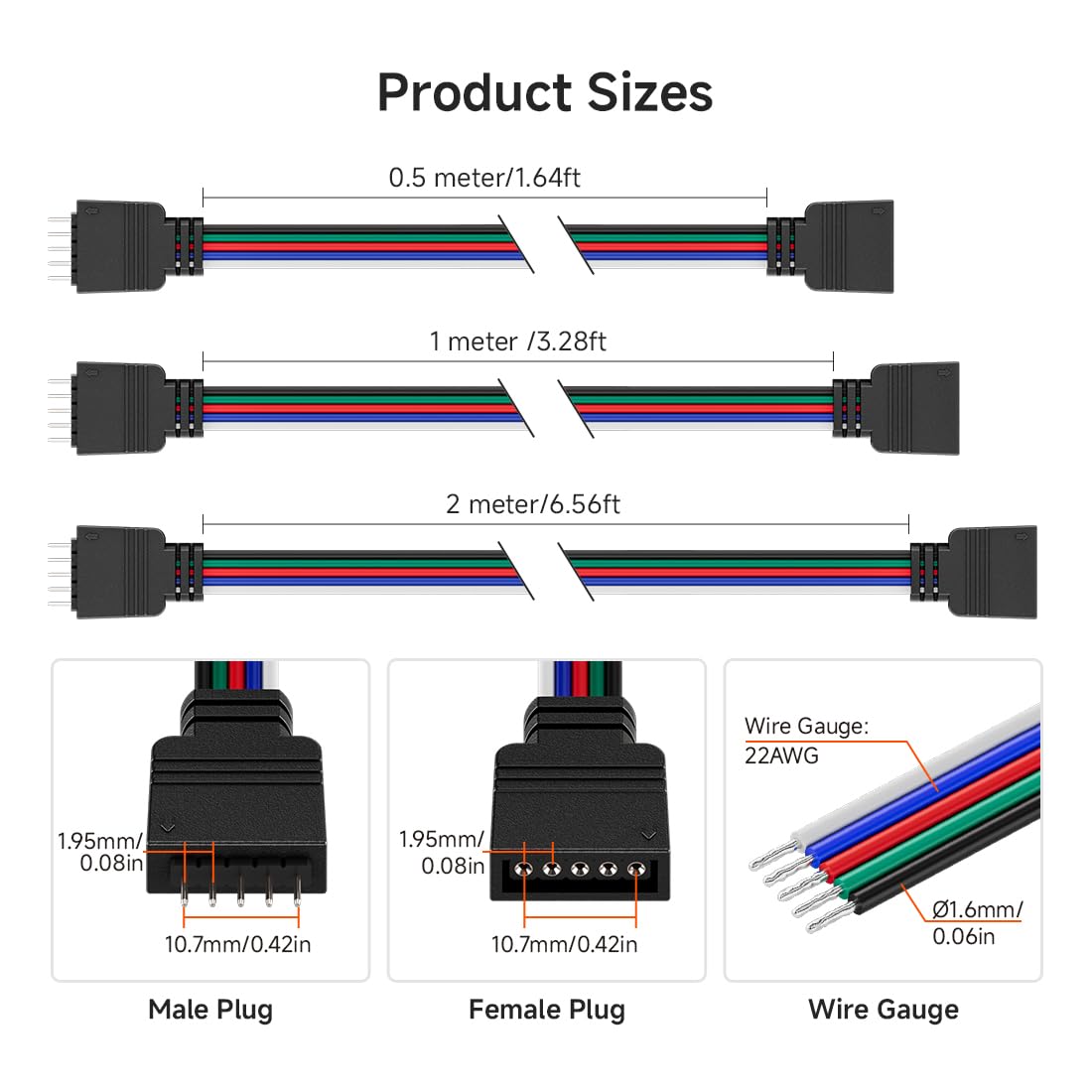 Btf-Lighting 5 Pack 22Awg 5 Pin Jst Male To Female Plug Led Connector 6.56Ft/2M Extension Cable For Fcob Smd Rgbw Led Strip Lights Solderless Controller Wire