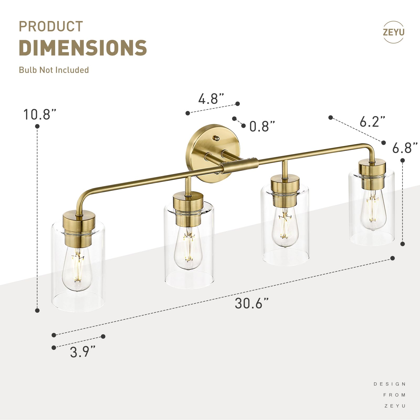 Zeyu 4-Light Bathroom Light Fixtures  Gold Vanity Lights For Bathroom  31 Inch Wall Sconce Lighting  Brushed Gold Finish  Clear Glass Finish  Zs62B-4W Bg