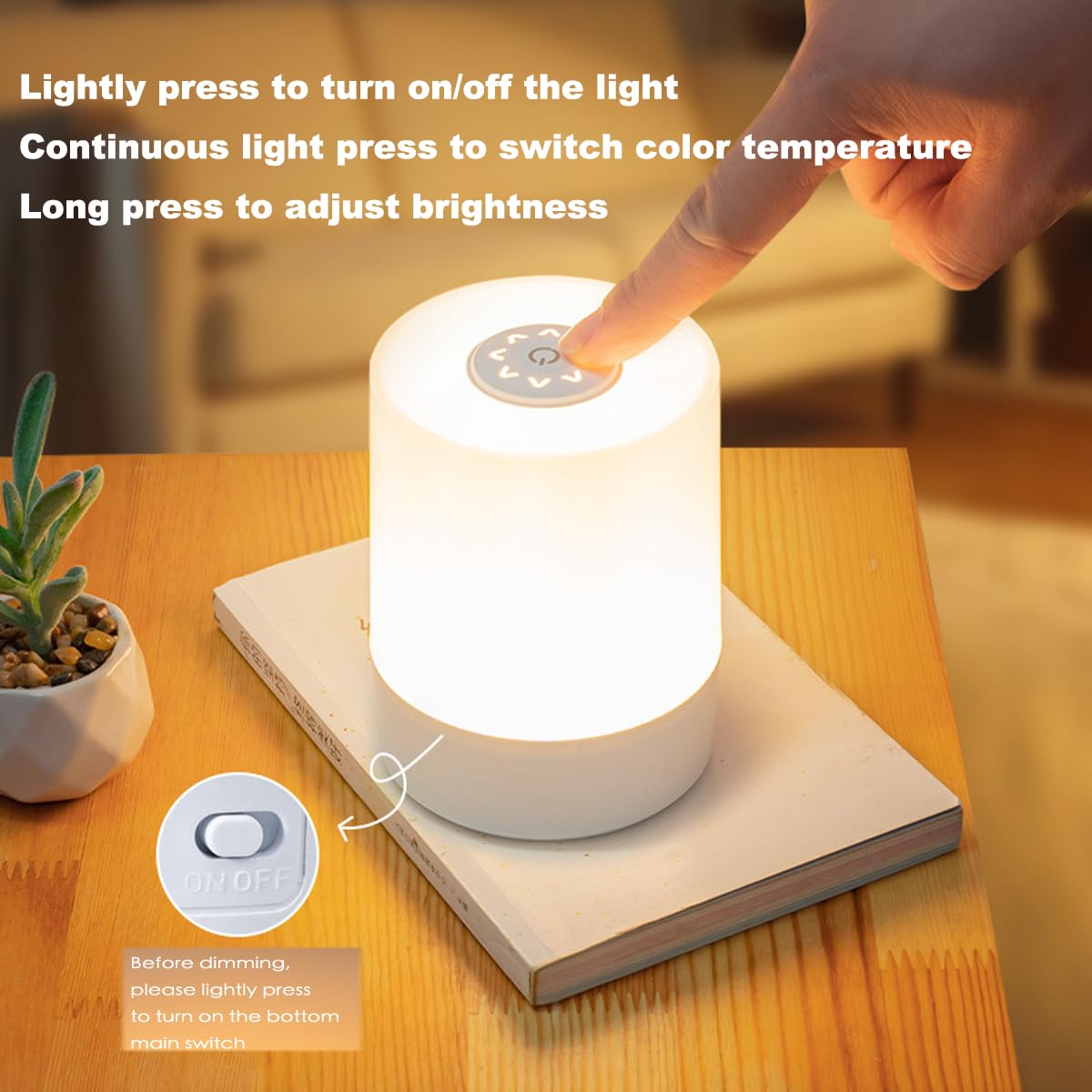 JININQ Touch Bedside Table Lamp - Dimmable LED Night Light, USB Rechargeable, 3 Colors, Soft Eye Caring, White, Model 001