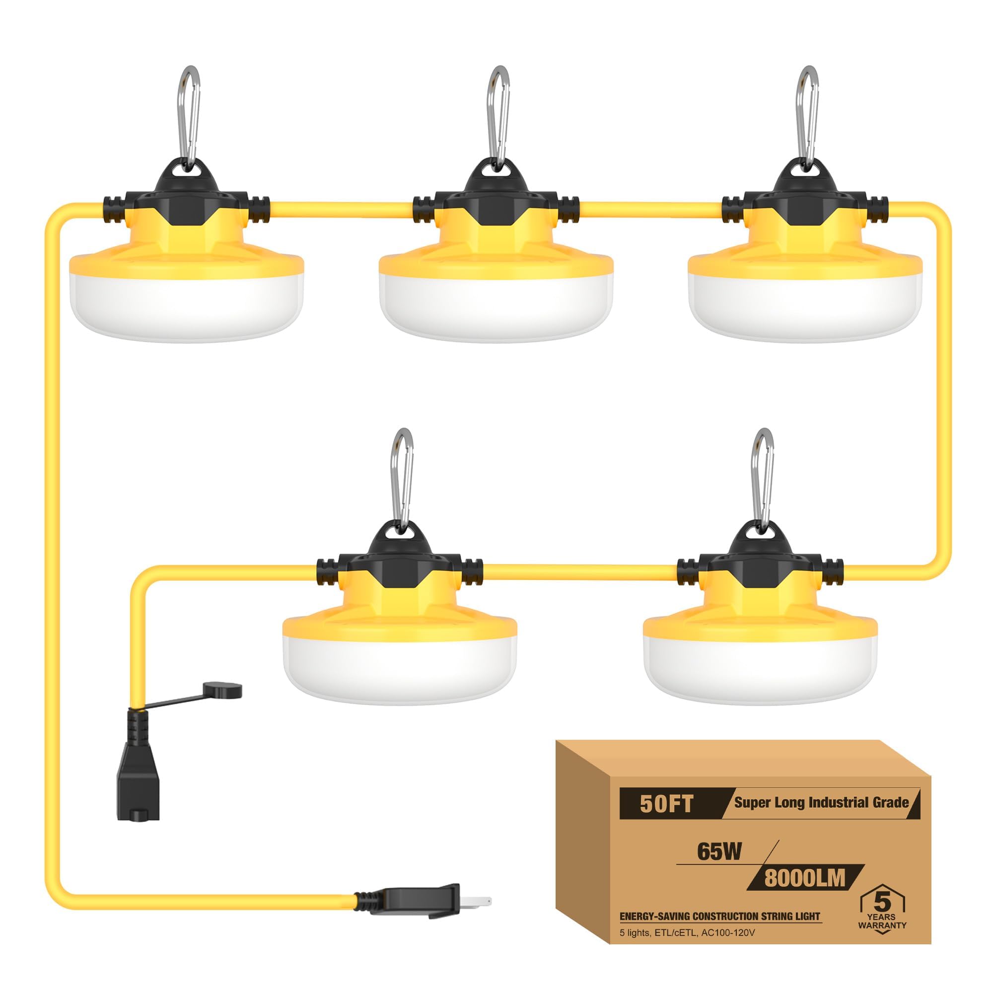 Yxl 65W 8000Lm Led Construction String Lights 50Ft Industrial String Work Lights, Ip65 Waterproof 18Awg Wire 5000K 123Lm/W Super Bright For Construction Sites Temporary Work Jobsites Outdoor Lighting