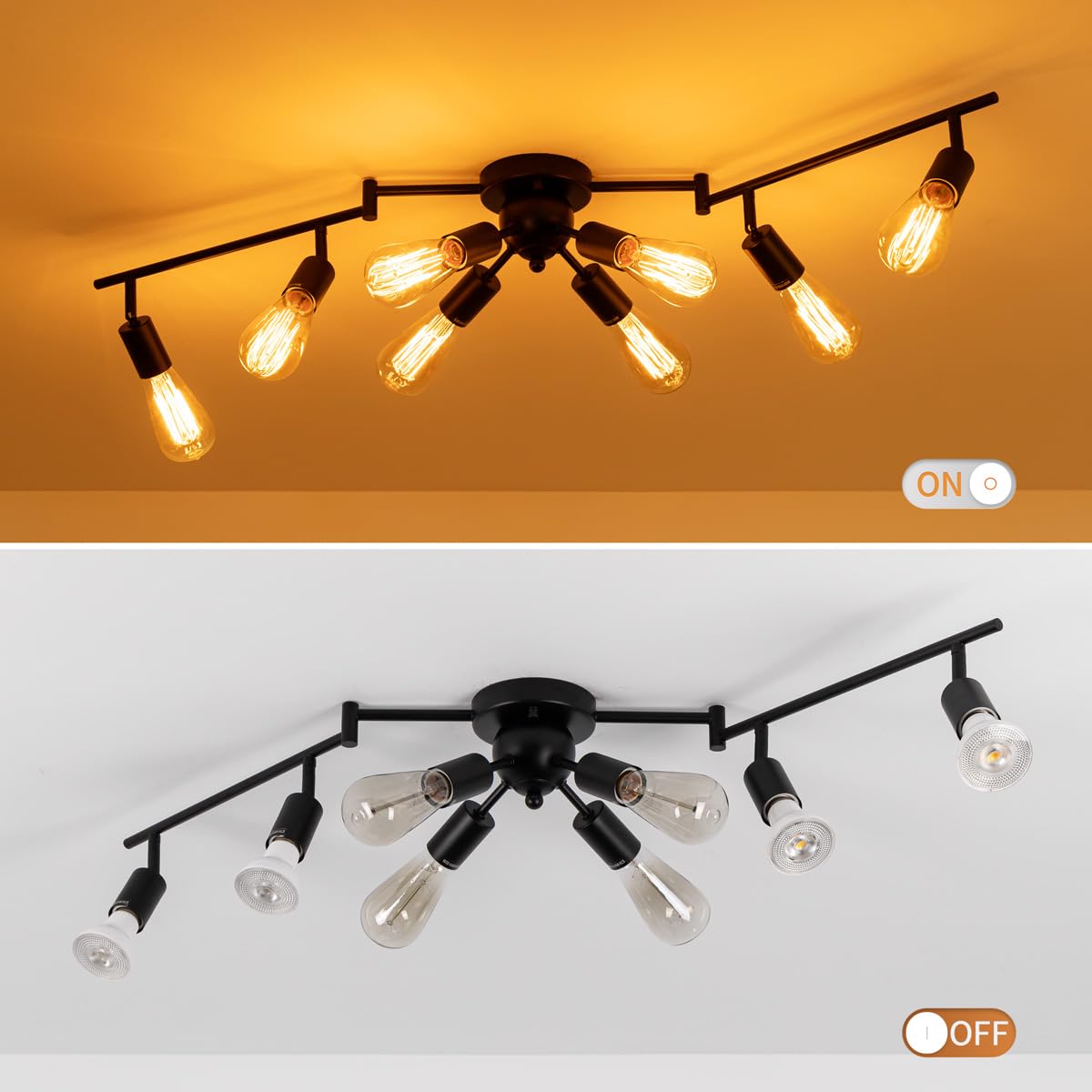 Mirrea 3.5 Ft 4-Light Black Track Lighting Kit With Rotating Heads And 4-Light Sputnik Flush Mount Light