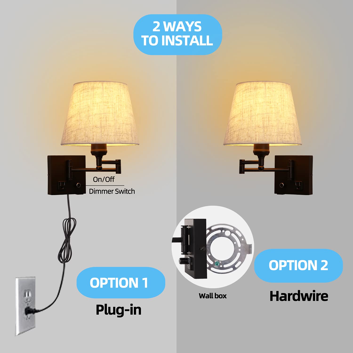 Affsure Bedside Wall Mount Light, Dimmable, USB Port, Black Fabric Shade, Model 619191209705