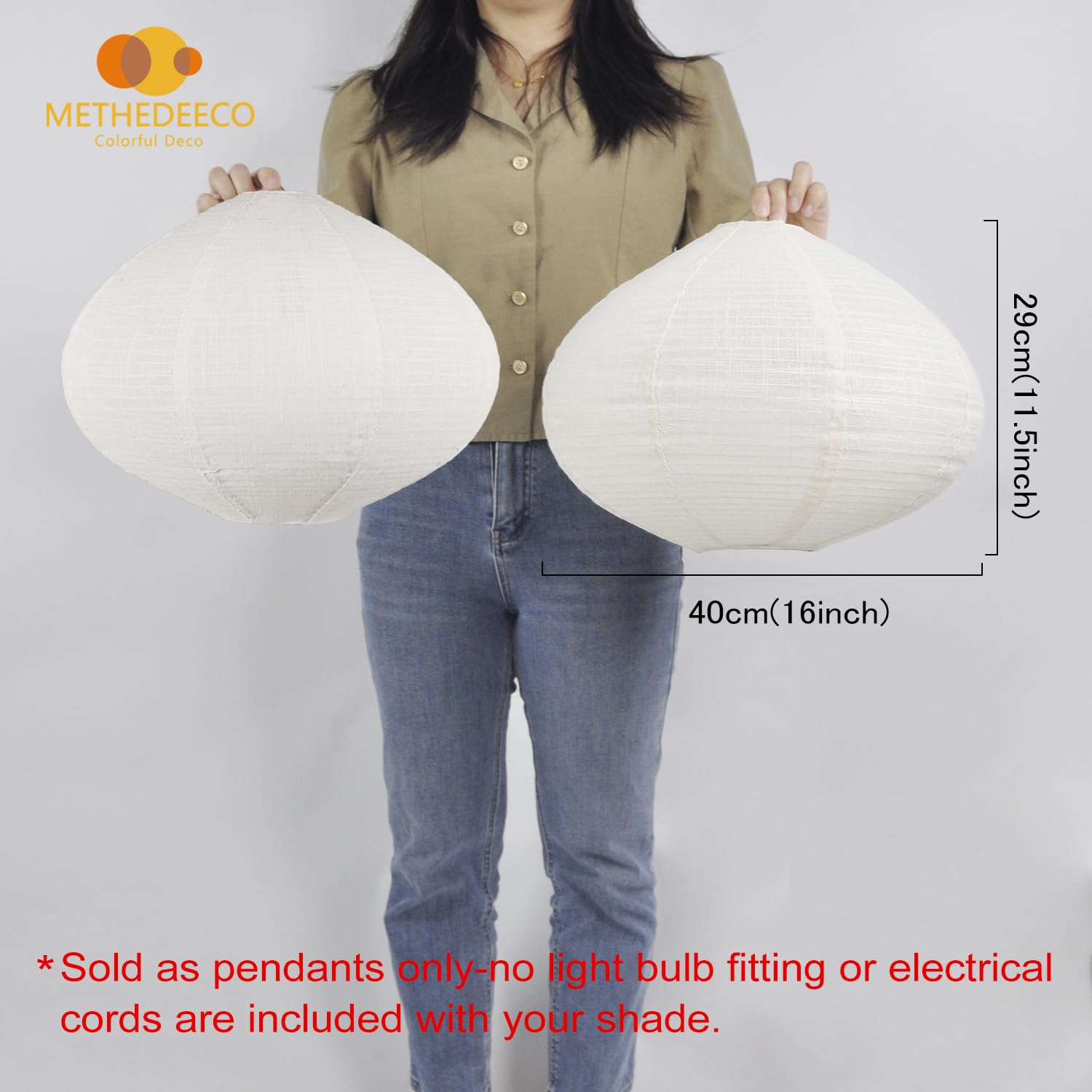 Methedeeco 2Pcs 16-Inch Handmade Linen Pendant Light Shades Fabric Lampshade, Minimalist White/Beige, Foldable Hanging Lanterns For Bedroom, Living Room, Kitchen Showcase Window House Gift Idea