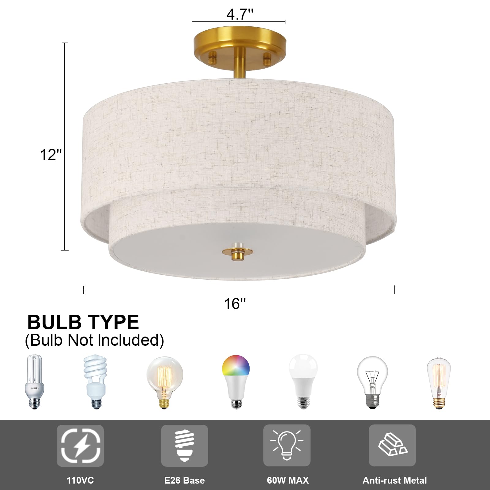 Kirahee 3-Light Gold Semi Flush Mount Ceiling Light Fixture, 16" Modern Fabric Shade for Bedroom, Living Room, Hallway