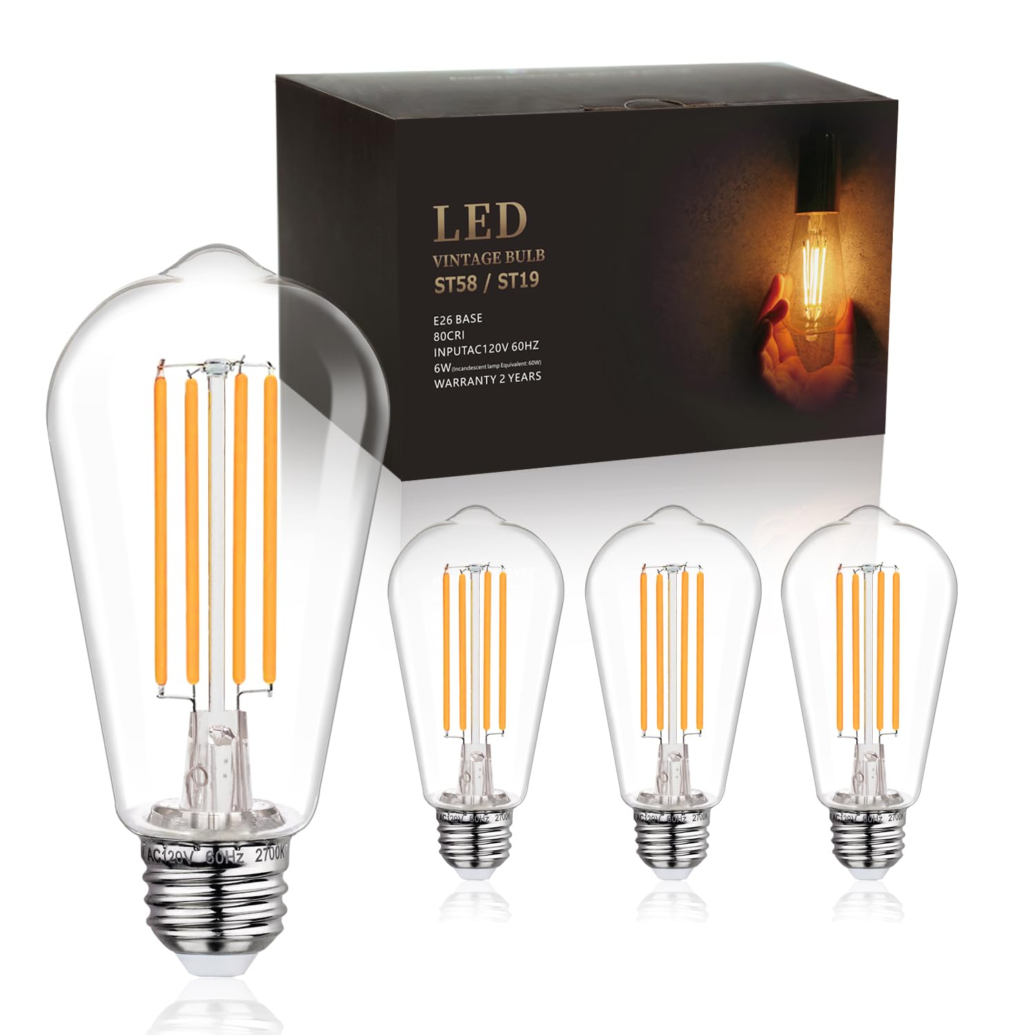 4Pack St58/St19 Vintage Led Edison Bulbs, Warm White 2700K, 6W Equivalent 60W Led Filament Light Bulbs, Dimmable 700Lm, E26 Deco