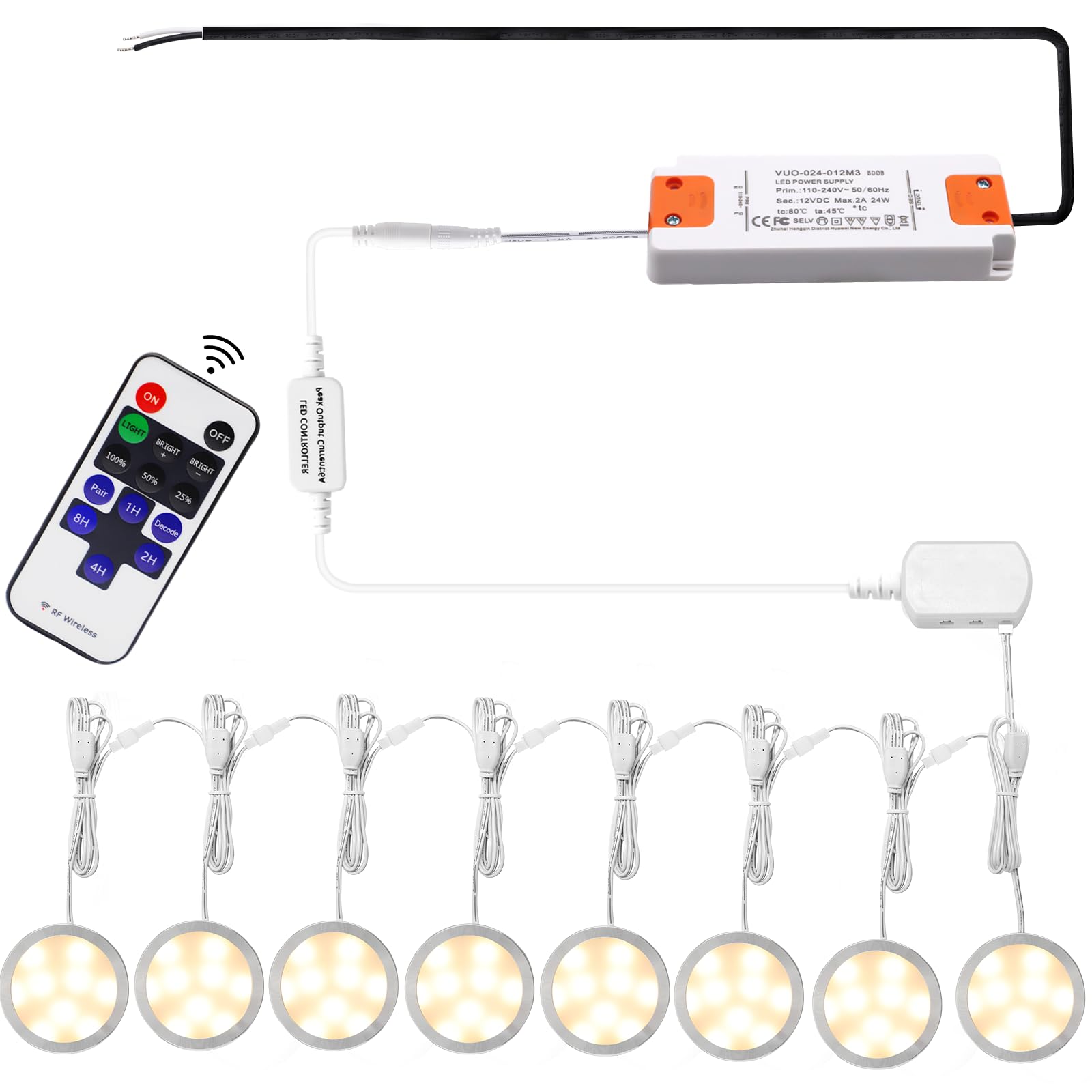 AIBOO Linkable Under Cabinet LED Lighting 12V Dimmable Puck Lights Hardwired with Wireless RF Remote Control for Kitchen Mood Lighting(8 Lights, Warm White, NO Wall Plug)
