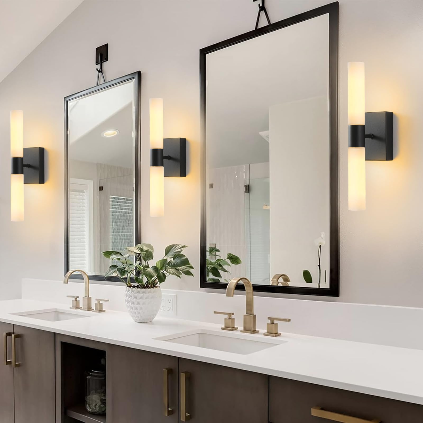 Kuzzull Wall Sconces Set Of Two Matte Black Modern Bathroom Sconces Lighting Set Of 2 Frosted Glass Shade Indoor Wall Lamp Wall