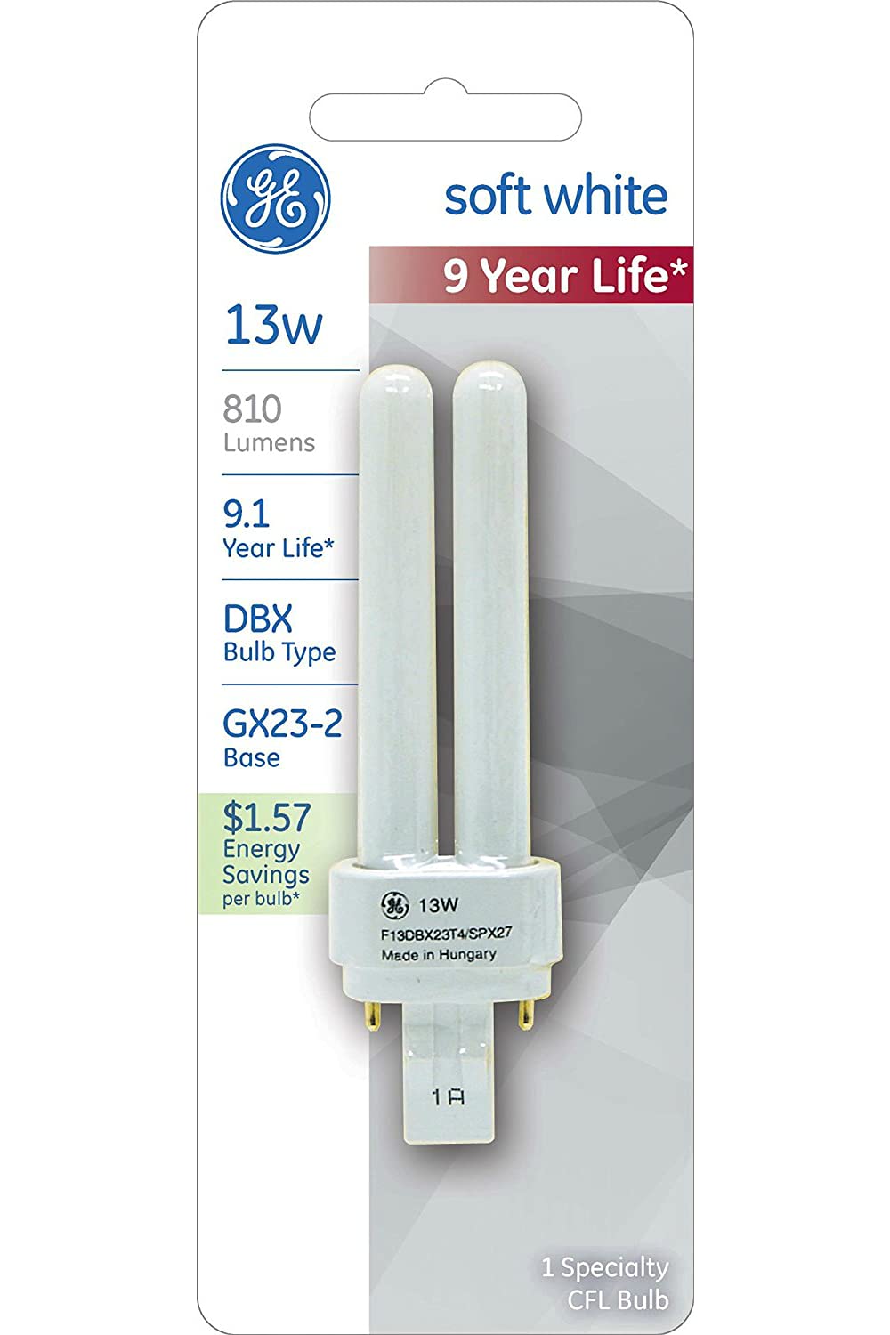 Ge Cfl Light Bulb, 13 Watt, Dbx Bulb Type, Gx23-2 Base, Soft White (1 Pack)