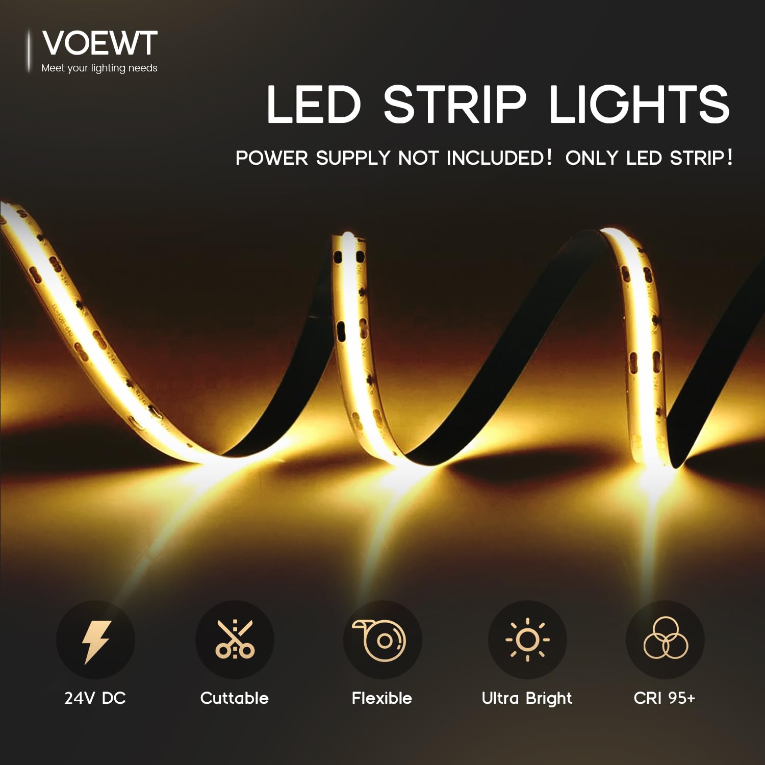 Voewt Cob Led Strip Lights Daylight White 6000K,16.4Ft 24V High Cri 95Ra+ Super Bright,Flexible Tape Lights For Bedroom,Mirror,K