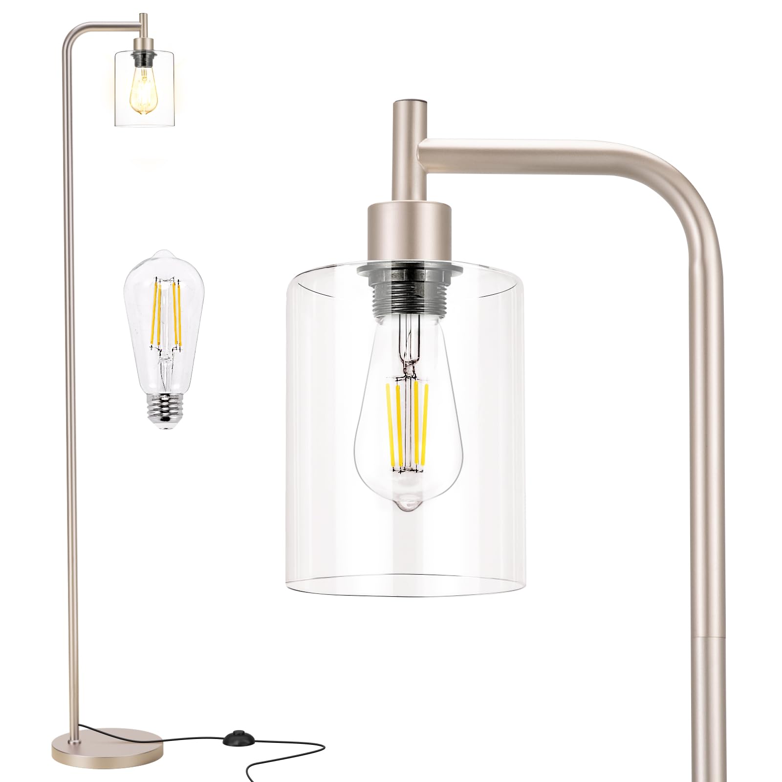 Ziisee Floor Lamps for Living Room - Industrial Standing Lamp with Glass Shade, Modern Gold Floor Lamp with LED Bulb, Tall Lamp 