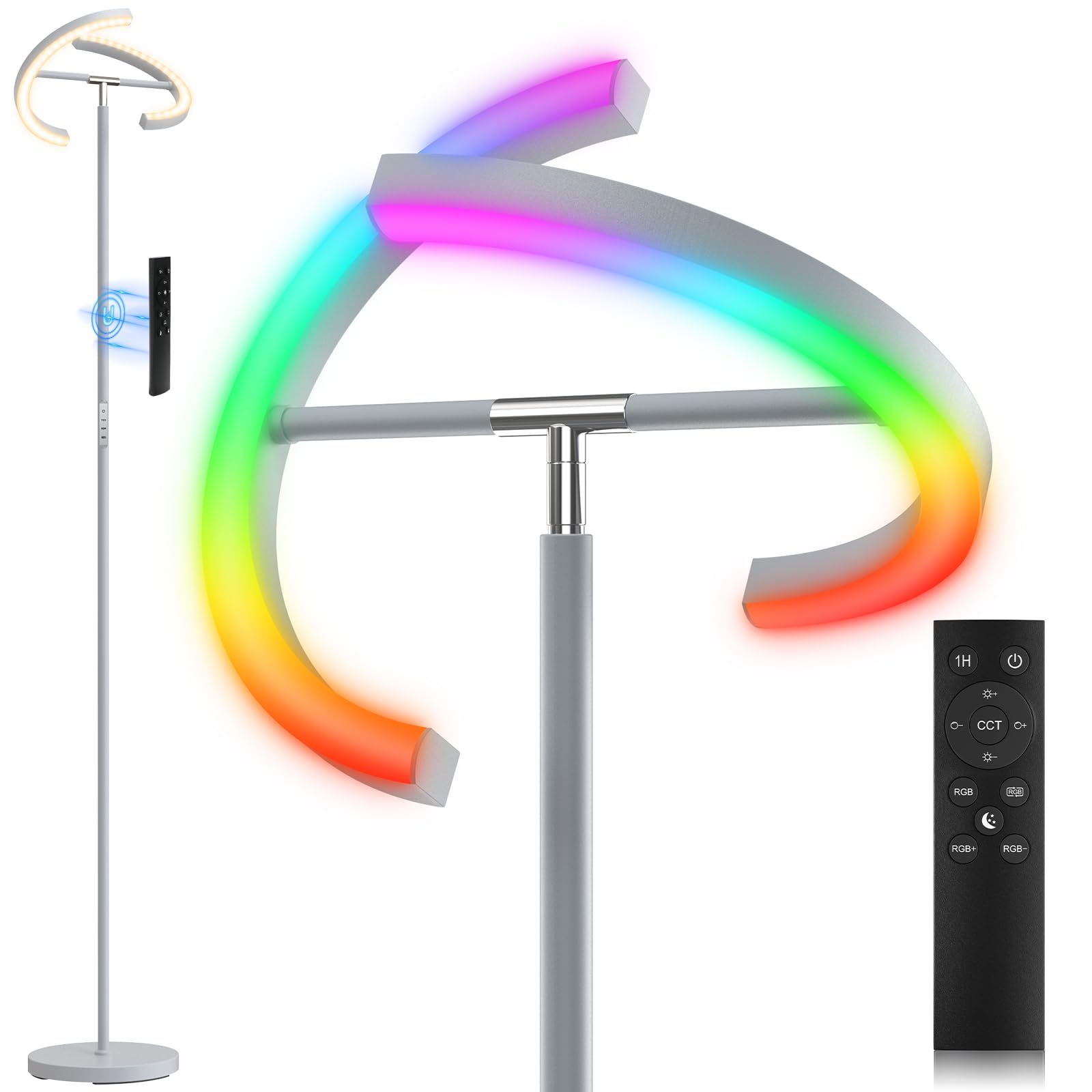 SIBRILLE Silver Gray RGBCW Floor Lamp, Bright Color Changing RGB Standing Lamp, Modern Stepless Dimmable LED Tall Lamp with Remo