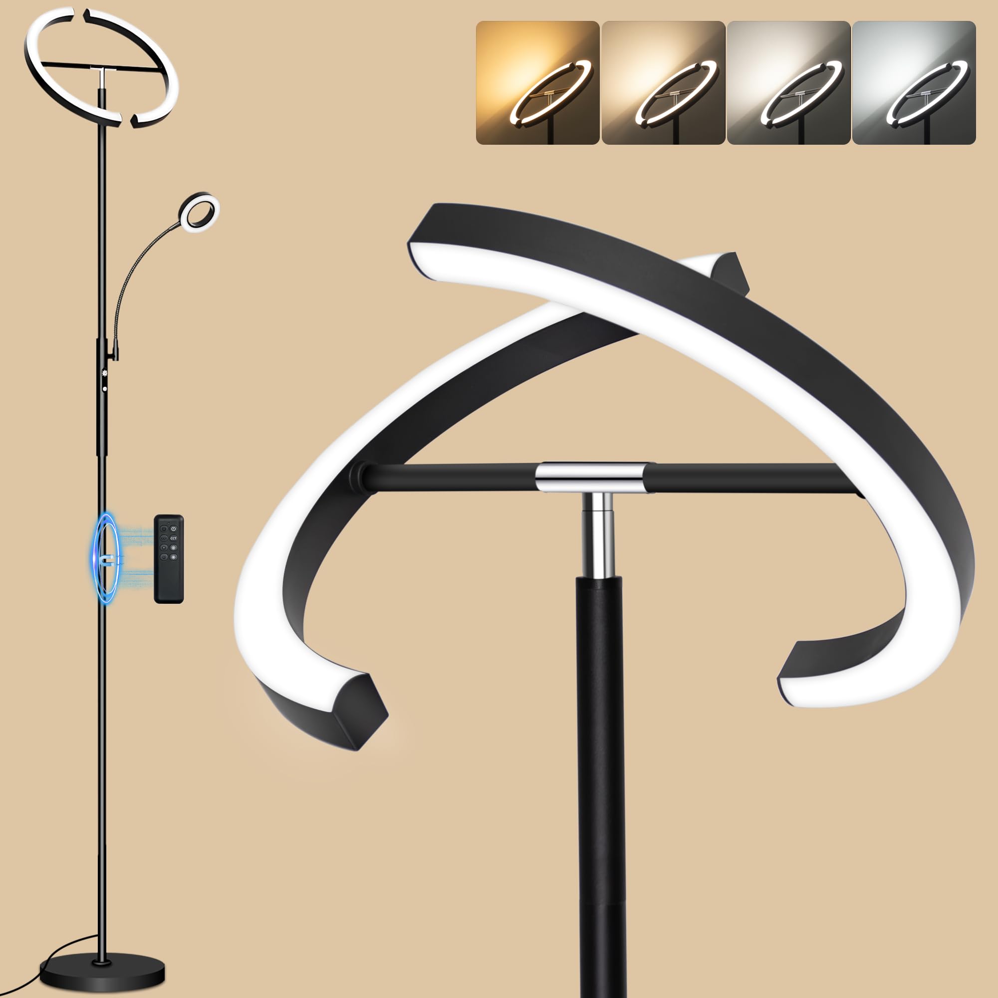Laiebri Floor Lamps for Living Room, Upgraded 2-in-1 Dimmable Standing Lamp 3000-6500K, 29W Rotatable Floor Reading Light, Remot