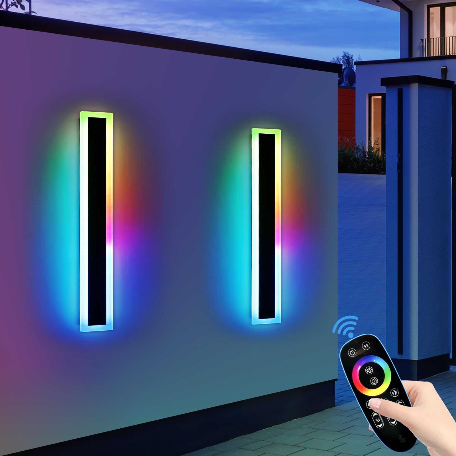 Widened 2 Pack Modern Outdoor Wall Sconces, 31.4inch RGB Dimmable LED Lights, IP65 Waterproof, 10 Colors, 5 Modes, Black Linear 