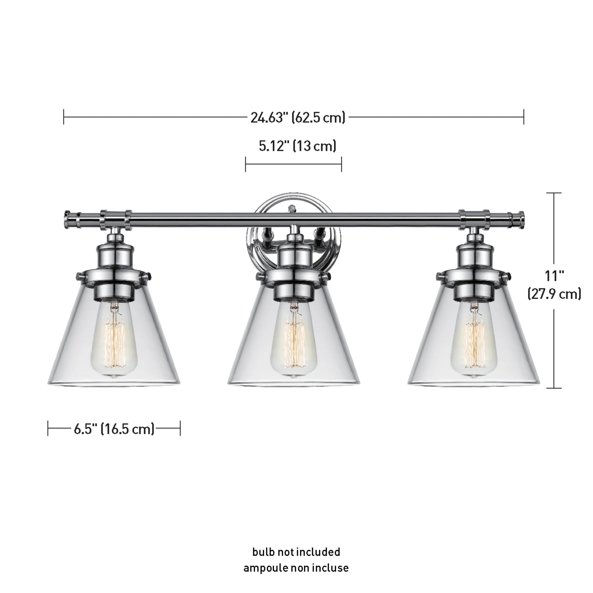 Globe Electric 51234 5-Piece All-In-One Bathroom Set  Chrome  23 3-Light Vanity Wall Light With Clear Glass Shades  Towel Bar And Ring  Robe Hook  Toilet Paper Holder  Beauty Room Accessories
