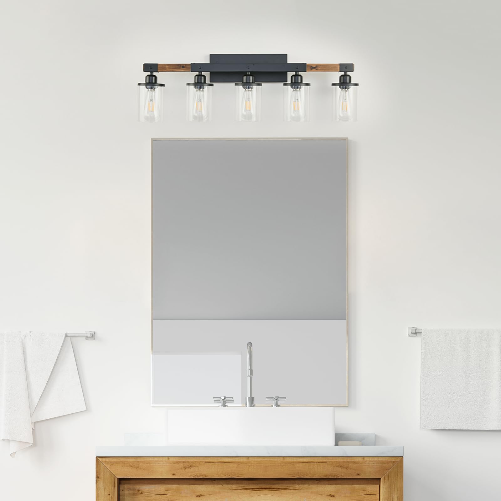 Feohak 5-Light Bathroom Vanity Light Fixtures, Farmhouse Vanity Lights For Bathroom, Rustic Industrial Vintage Black Wood Wall S
