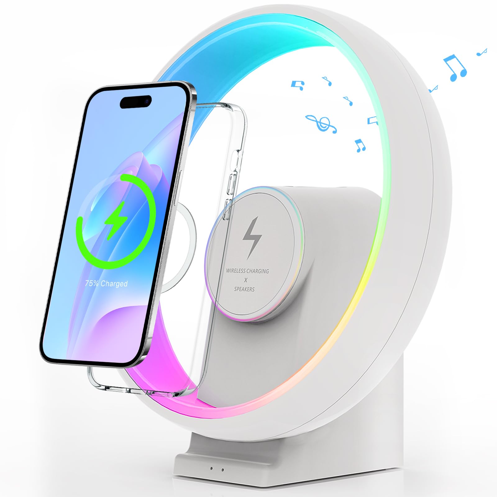 PLUWEL Wireless Charging Night Light, Bluetooth Speaker with Portable Charging Bedside Lamp, 3000mAh Built in Battery, Kids Gift