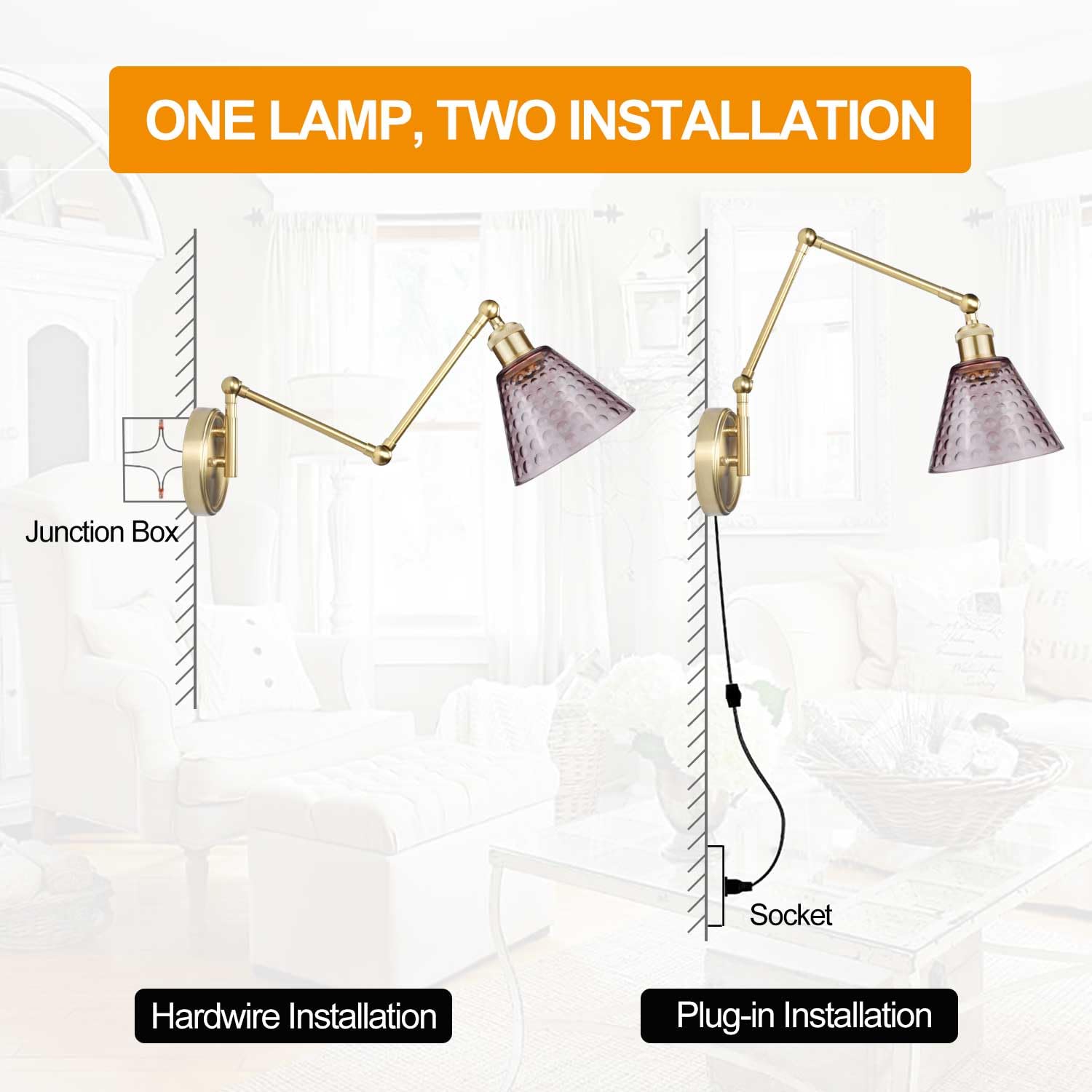 BARSUNS Swing Arm Wall Sconce, Adjustable Brightness, RGBW Bulb, Gold Lamp Body & Coffee Shade, Model BS-WL351YC-B, Plug-in/Hardwire