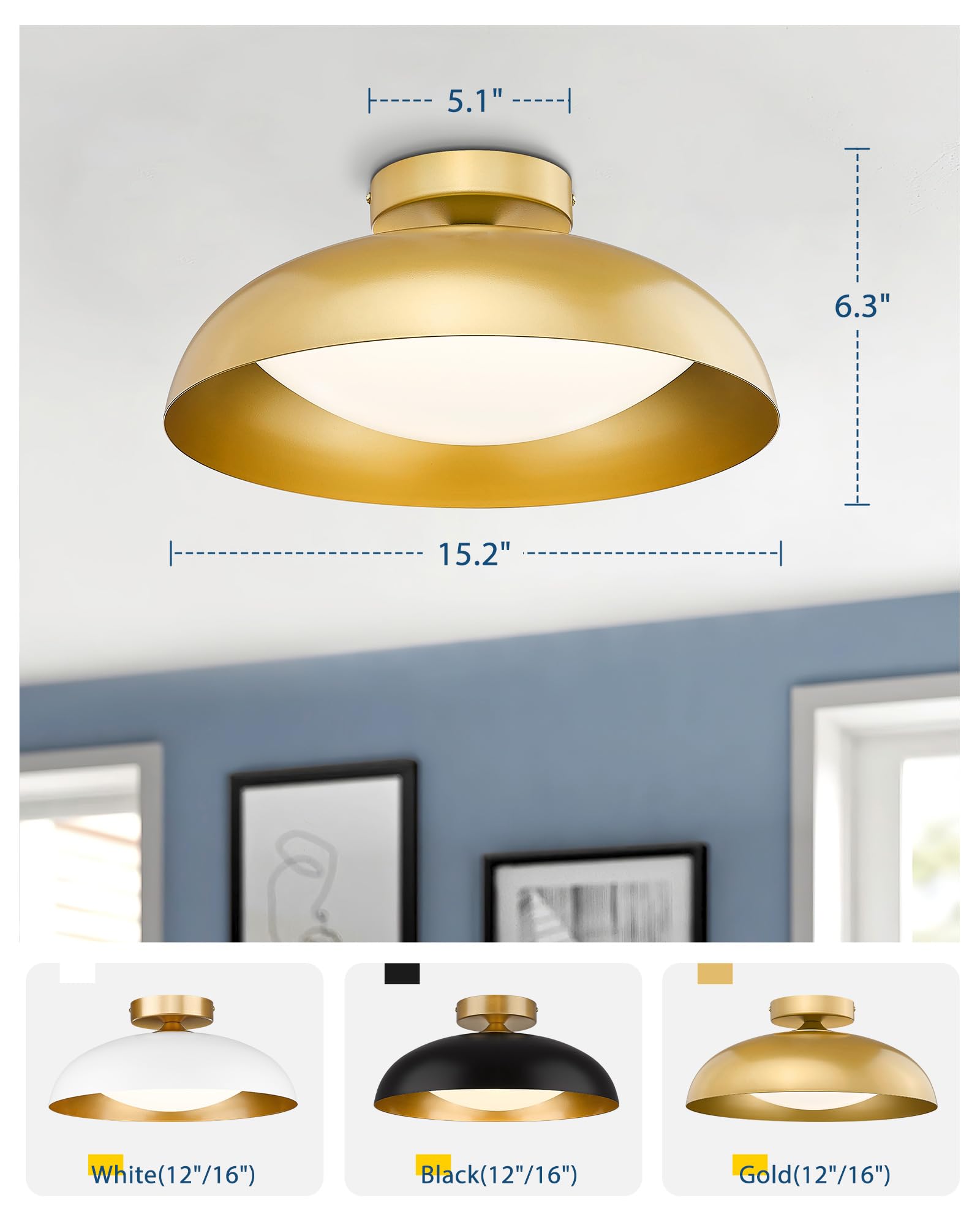 Kudos Gold Semi Flush Mount Ceiling Light, 16 Inch Led Ceiling Light Fixtures, 23W/1300Lm Light Fixtures Ceiling Mount, 5Cct Adjustable, Kdcl02-Gd