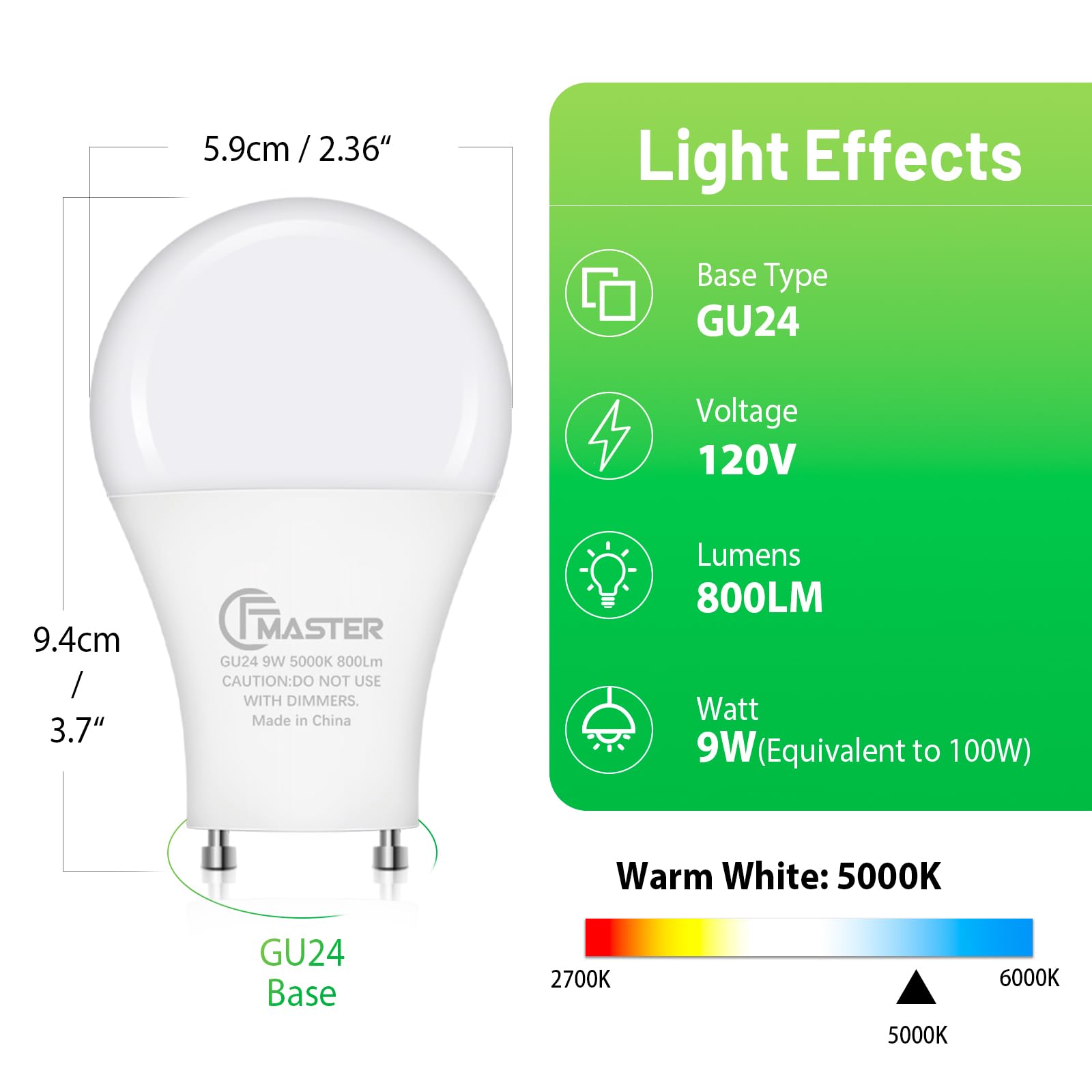 Cfmaster Gu24 Led Light Bulb, 5000K Daylight, 9W(100W Equivalent), 800 Lumens, A19 Shape Gu 24 Led Bulbs, Twist And Lock Gu24 Pi