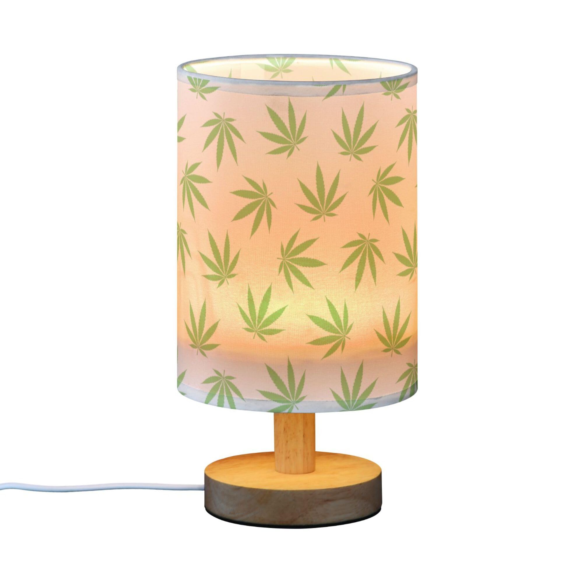 Yyzzh Table Lamp Green Marijuana Leaf Cannabis Weed Leaves On White Nightstand Lamp With Wood Base Fabric Lamp Shade Bedside Des