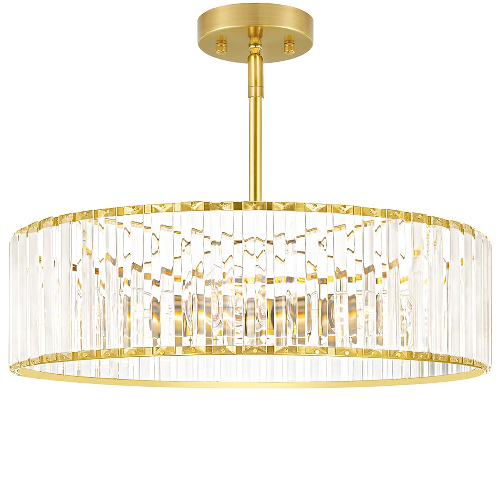 Gold Crystal Chandelier For Dining Room  6-Light Modern Semi Flush Mount Ceiling Lighting Fixtures  Round Kitchen Fixtures Ceiling  Hanging Drum Pendant Lights For Living Room Bedroom Foyer  19In  E26