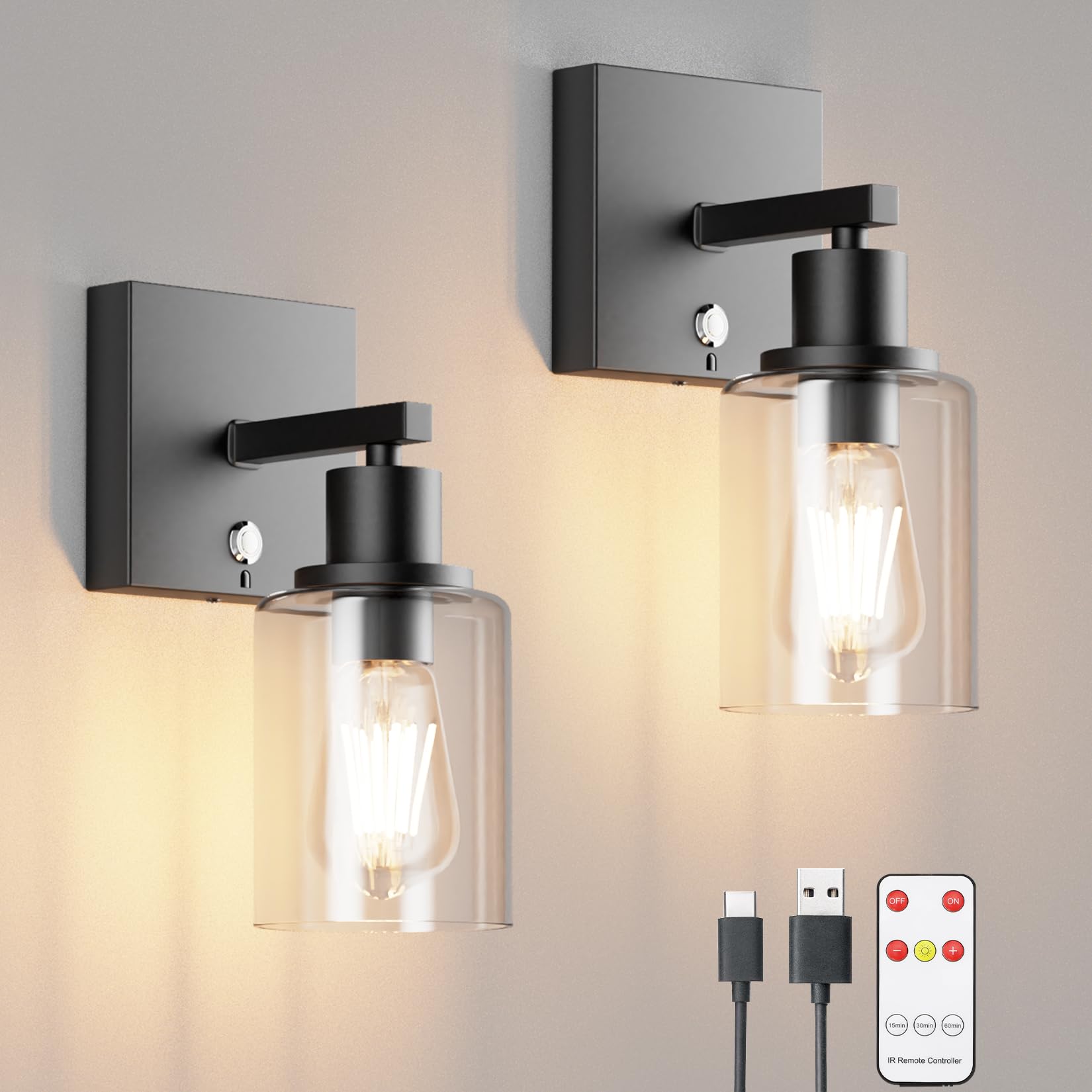 Coinmit Battery Operated Wall Sconce Set of 2, Wireless Glass Lampshade, Dimmable, Rechargeable, Black, Model HW808