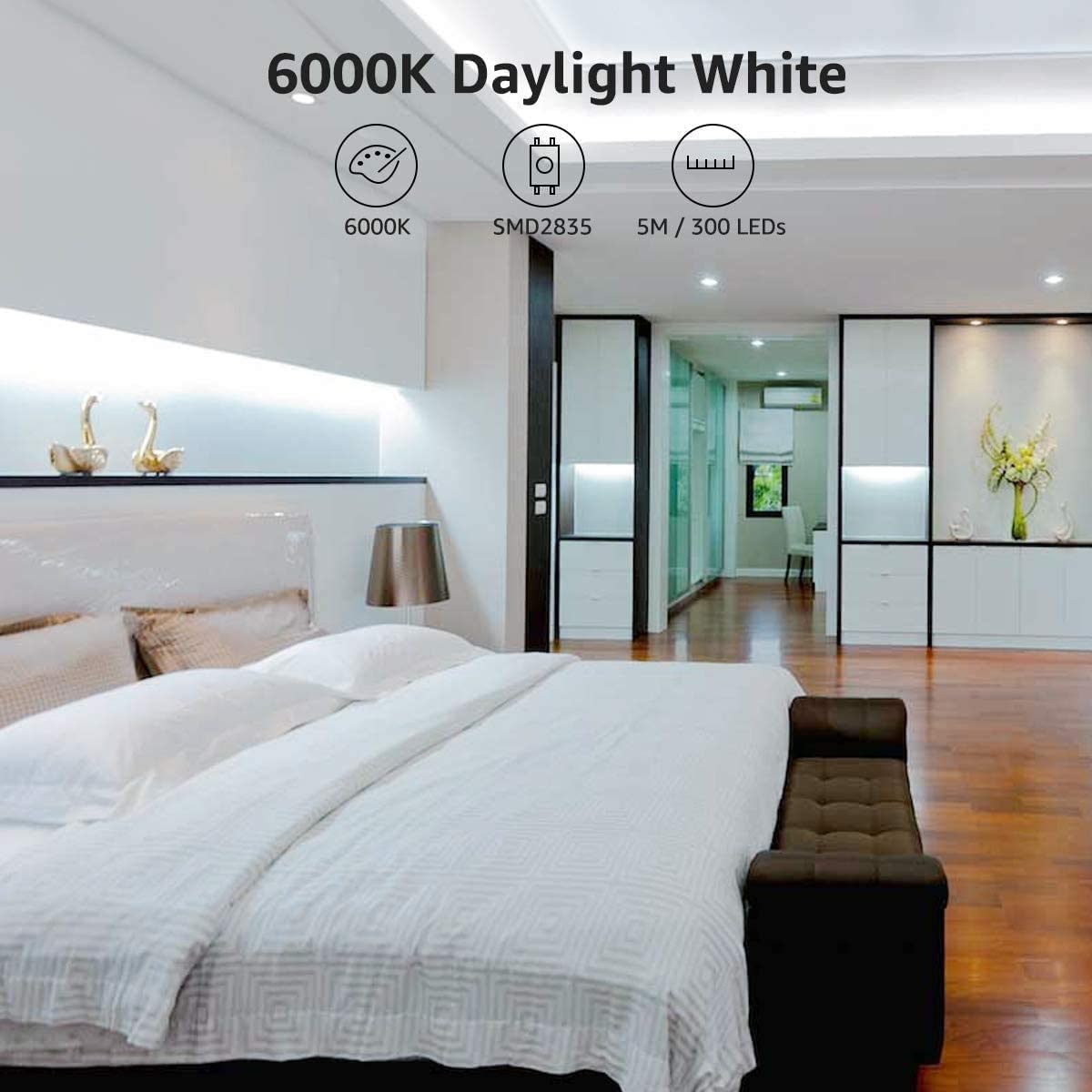 Lepro LED Strip Light 12V, 16.4ft Flexible Tape Light, Daylight White, SMD 2835, Non-Waterproof, Model PR4100057-DW