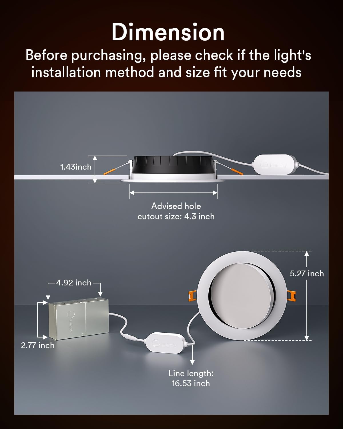 Lumary Smart Gimbal 4" Recessed RGBWW WiFi Ceiling Light, 9W 780LM, Adjustable White, Model L-GL4A1, Canless LED Downlight