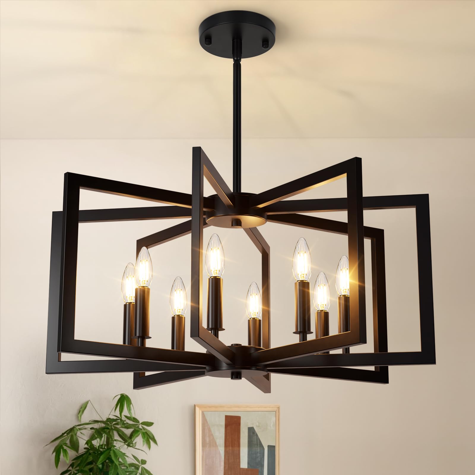 Bairth 8-Light Black Chandelier, Farmhouse Dining Room Light Fixture, Modern Chandelier, Geometric Industrial Metal Hang Lightin
