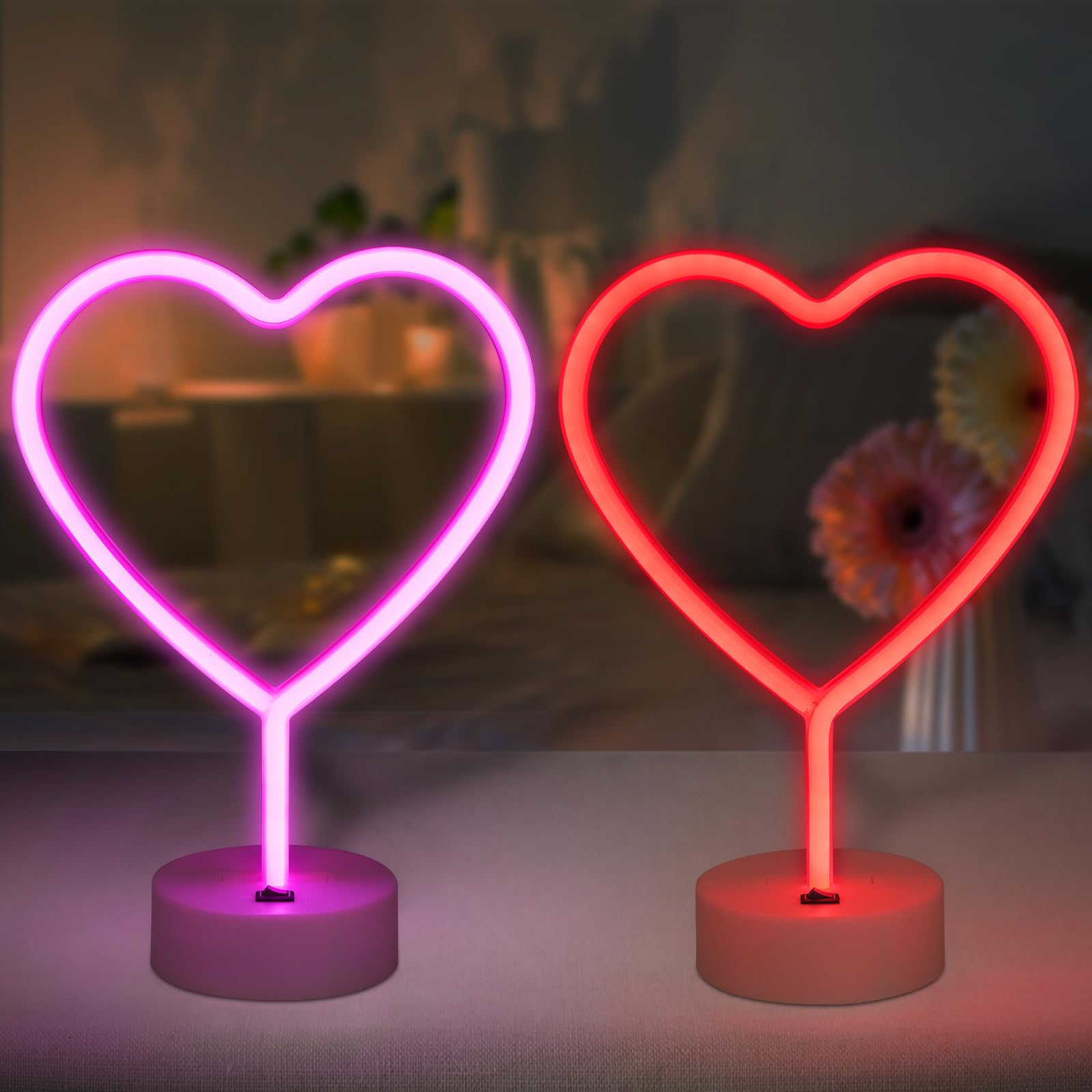 BRIGHTDECK LED Pink Heart Neon Signs, Battery Operated or USB Powered, Valentine’s Day Decor, Model 001, Pink/Red