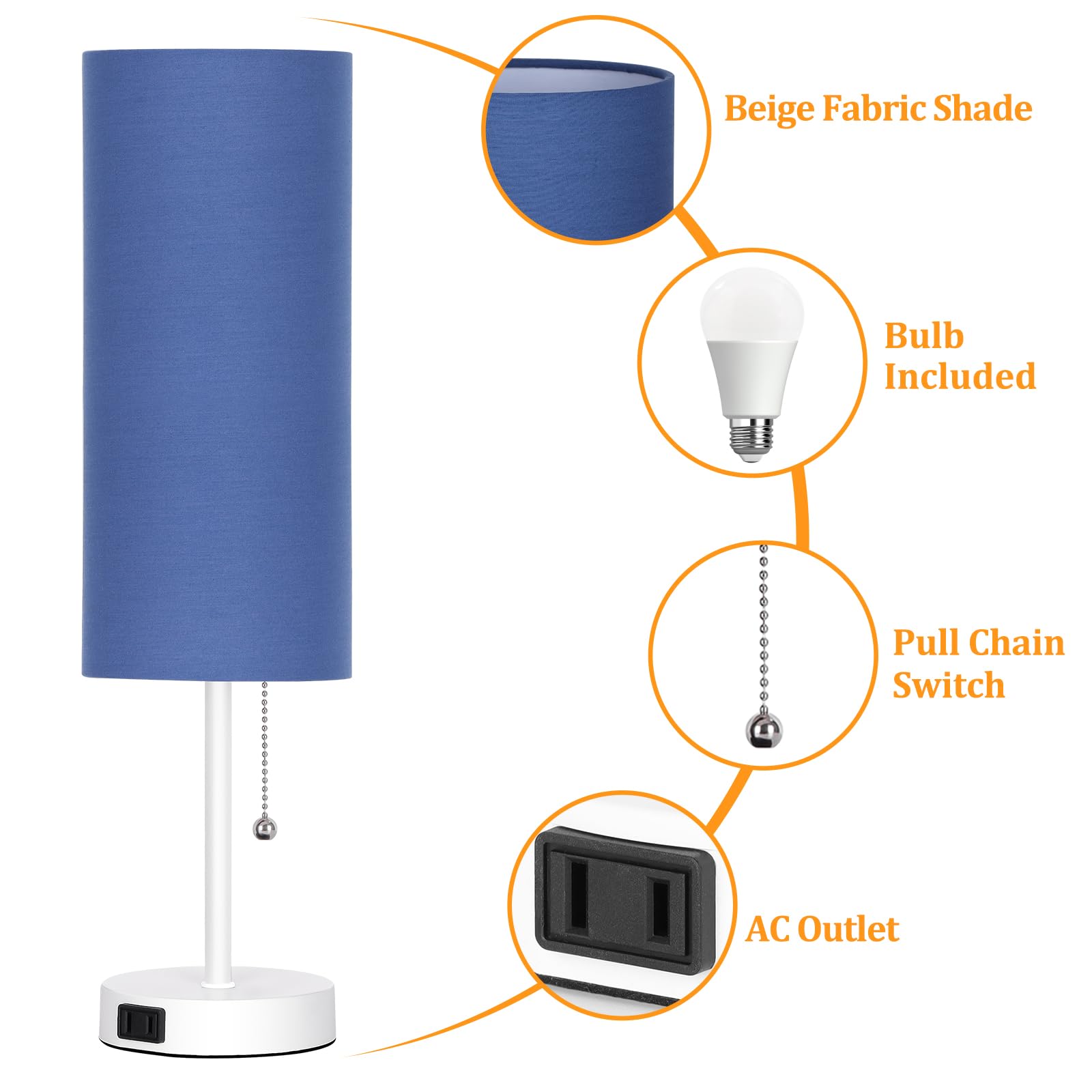 Dott Arts 18in Table Lamp for Bedroom, Blue-White Plastic, Pull Chain, Model RD-PTL6W-005, Bulb Included