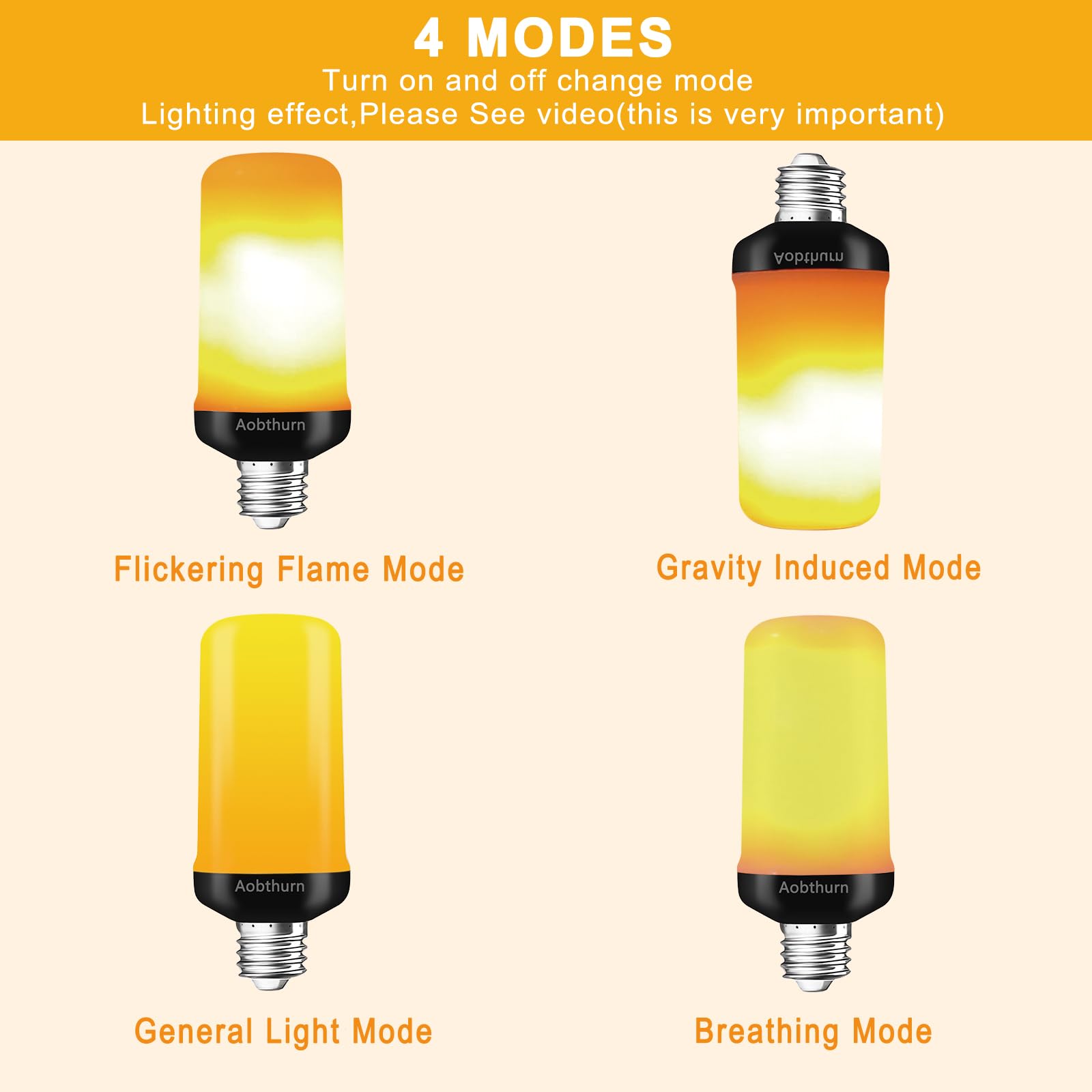 Aobthurn Flame Light Bulbs, 4 Modes Led Flame Effect Light Bulb, E26 Base Flickering Light Bulb With Gravity Sensor,Flickering L