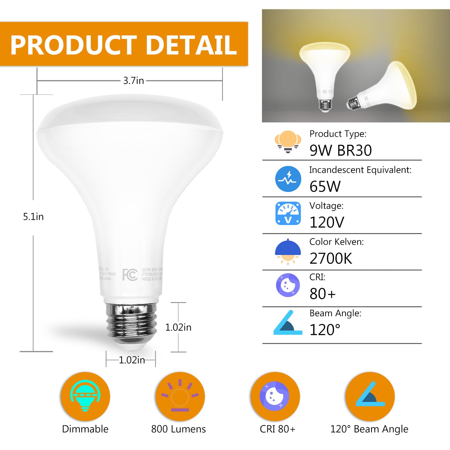 Daybetter Br30 Recessed Light Bulbs Equivelent 65W Dimmable Warm White 2700K, 24Pack Br30 Indoor Flood Light Bulbs 9W 120V, E26