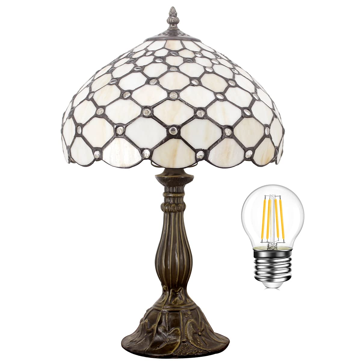 Werfactory Tiffany Lamp Cream Amber Stained Glass Bead Table Lamp Desk Bedside Reading Light 12X12X18 Inches Deco Bedroom Living