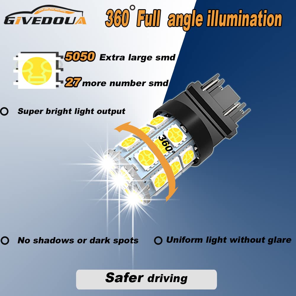 GIVEDOUA 3157 LED Bulb for Brake, Backup, Tail Lights - Super Bright, 12V, White, Pack of 4