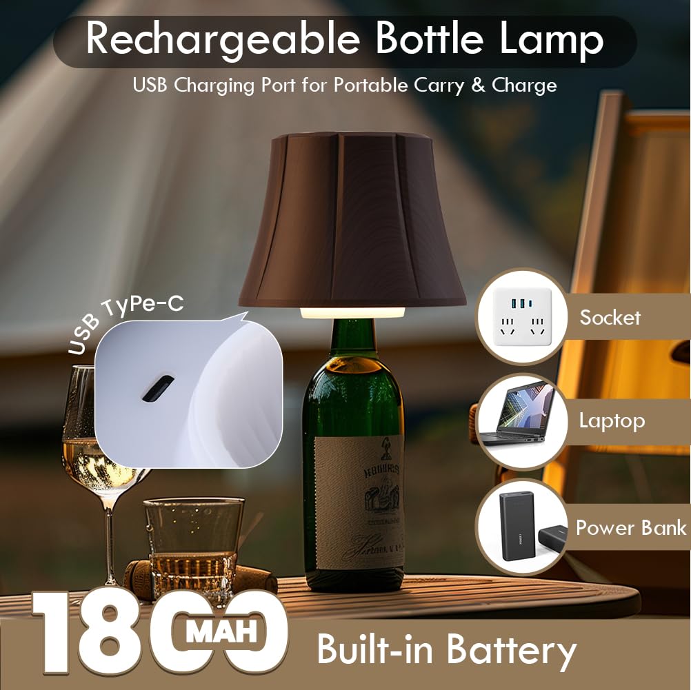 WILIT Wireless Bottle Lamp - Cordless Night Light, 3-Level Brightness, Flower-Brown Wood Grain, Ideal for Bedroom & Bar Decor