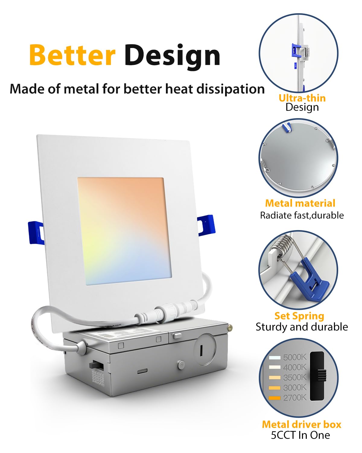 Adetu 12 Pack 6 Inch Square Led Recessed Lighting  5Cct Ultra Thin Square Led Ceiling Light With Junction Box  14W 1190Lm  Cri90  2700K-5000K Selectable Dimmable Canless Downlight  Etl And Energy Star