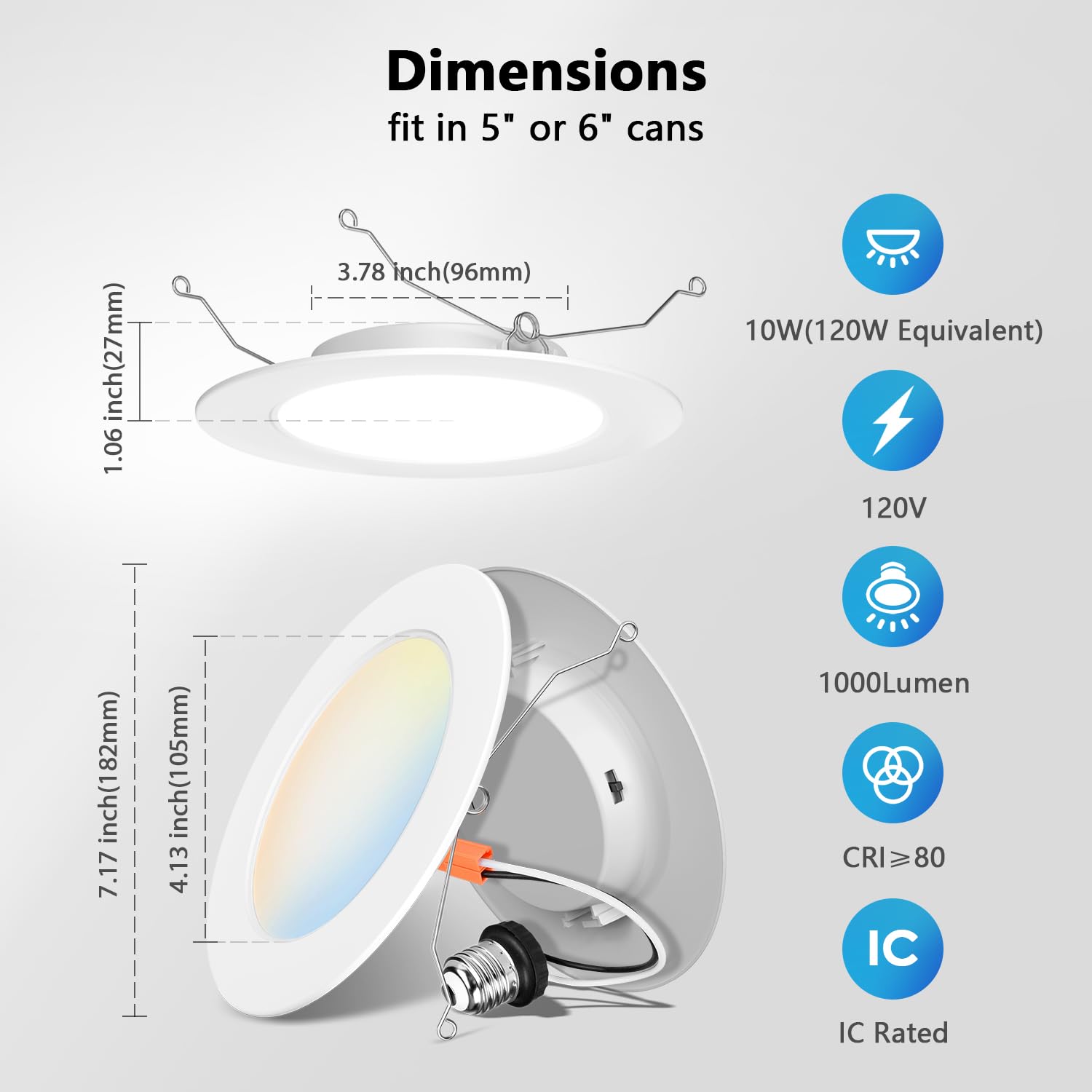 Lvwit Led Recessed Light 6Inch, Can Lighting Color Selectable 2700/3000/4000/5000/6000K 5Cct, 10W(120W Equivalent) Dimmable Downlight With E26 Conversion Kit, Retro Fit Ceiling Light Fixtures, 6 Pack