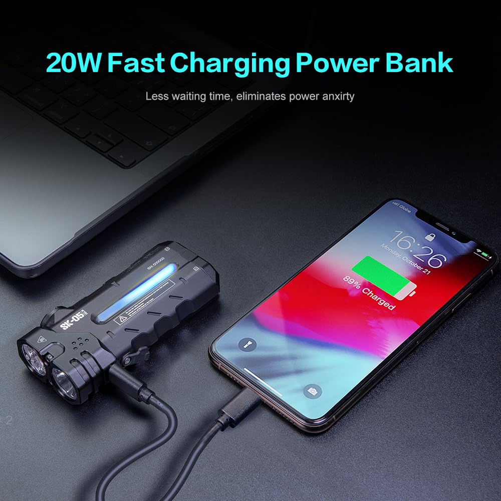 LOOP GEAR SK05 Rechargeable Flashlight, 6000mAh Power Bank, IP68 Waterproof, Magnetic Camping Light, 6500K, Black